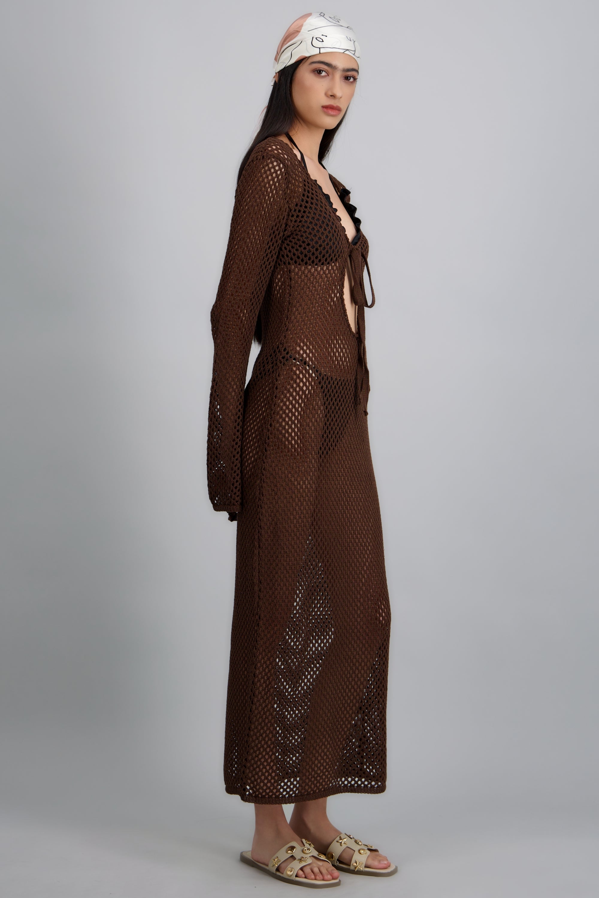 Vestido manga larga tejido maxi CAFE