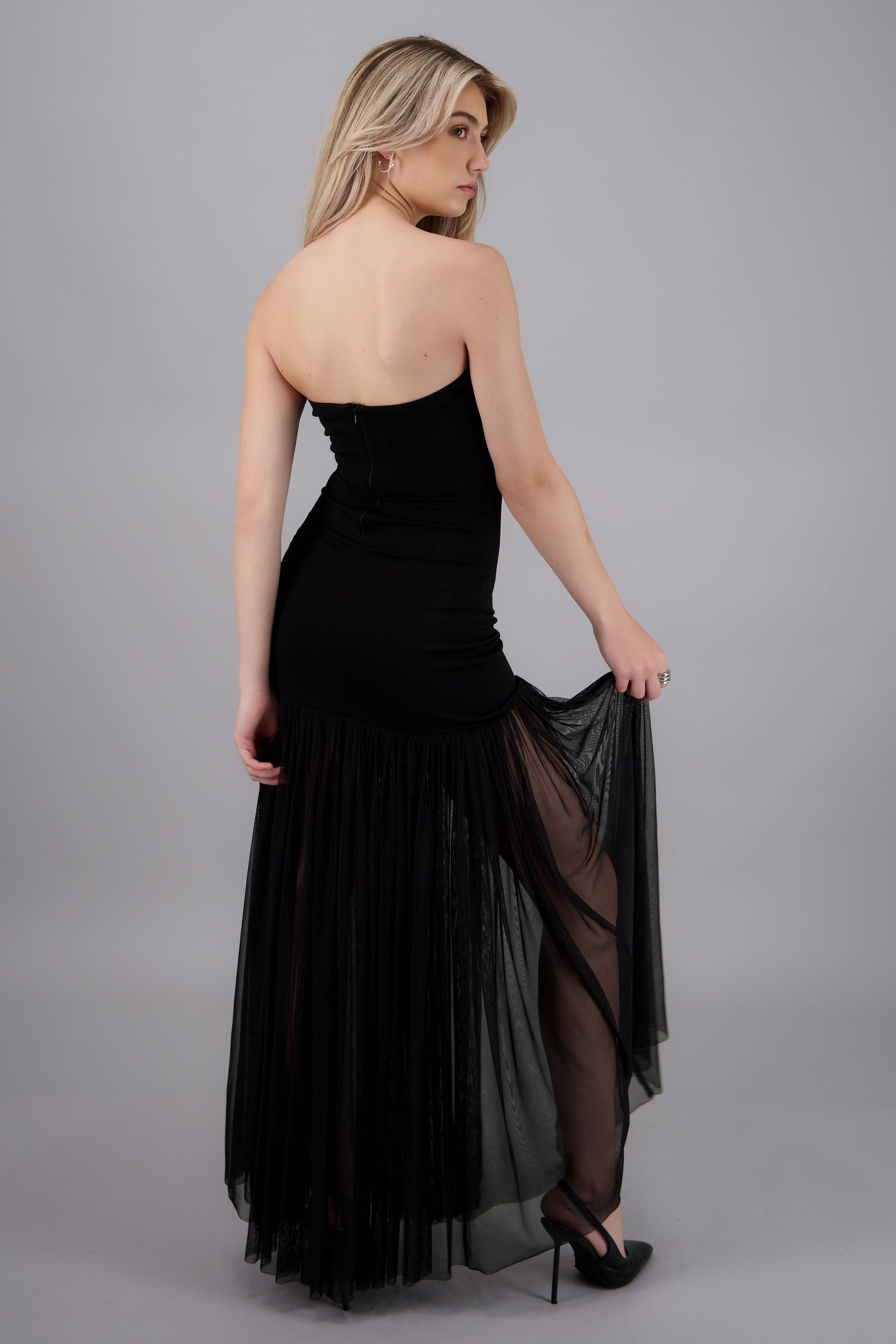 vestido maxi strapples falda mesh NEGRO