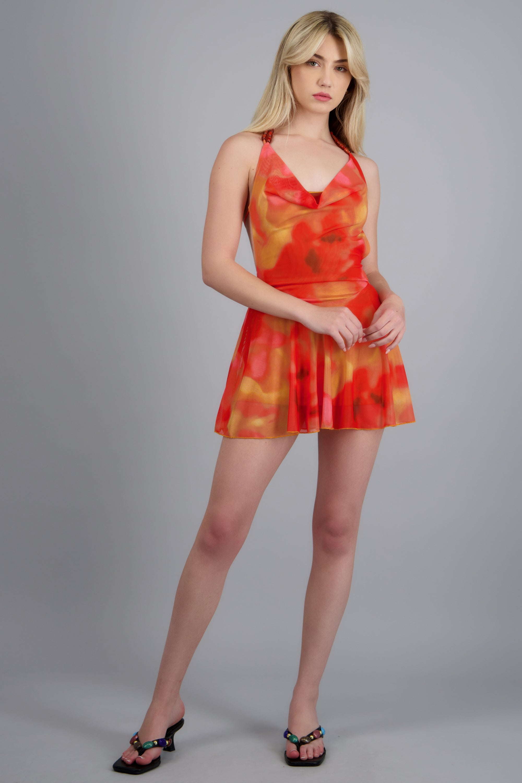 Vestido mesh detalle cuentas NARANJA COMBO