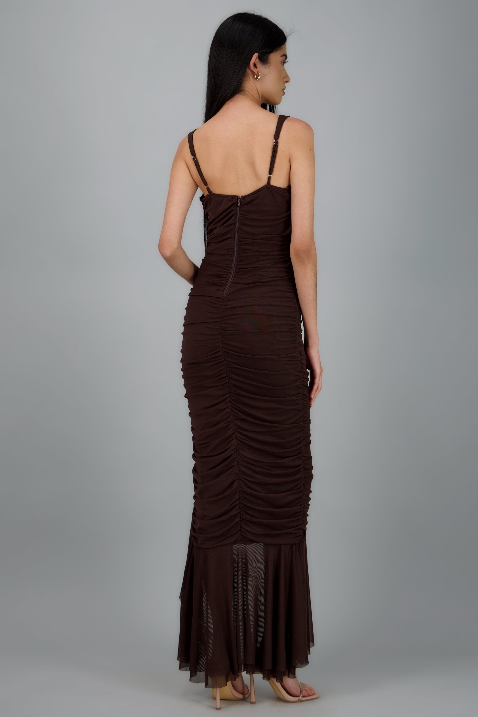 Vestido maxi liso drapeado CHOCOLATE