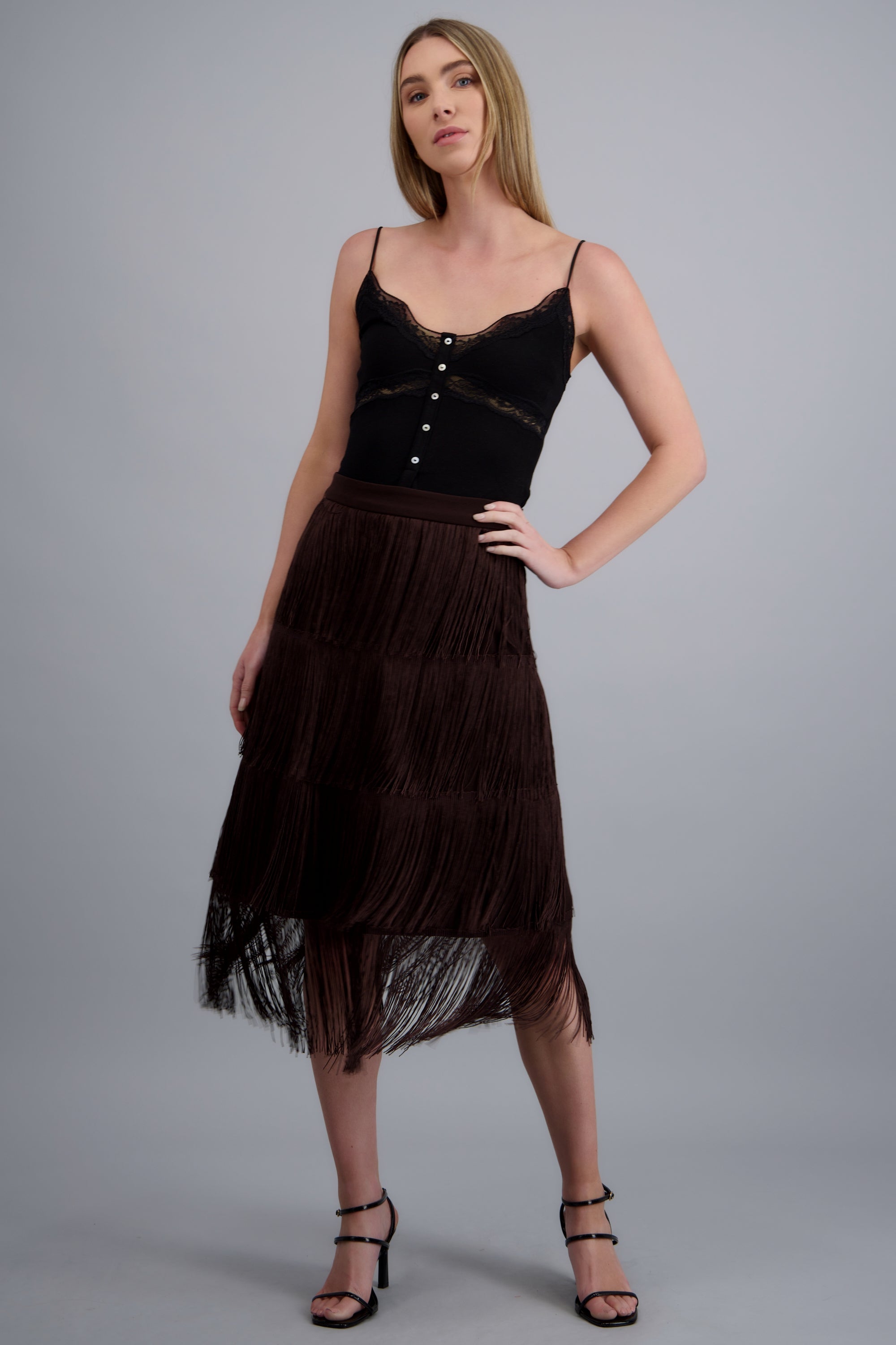 Falda midi flecos CHOCOLATE