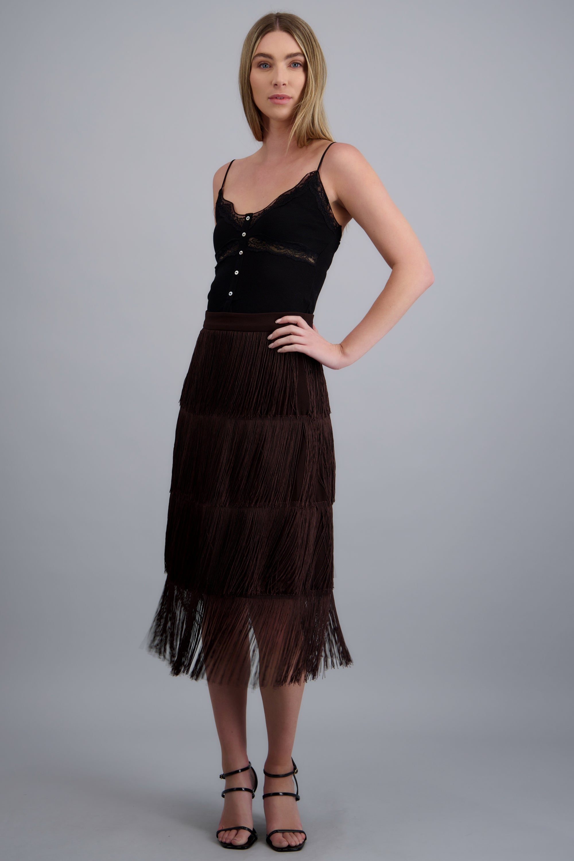Falda midi flecos CHOCOLATE