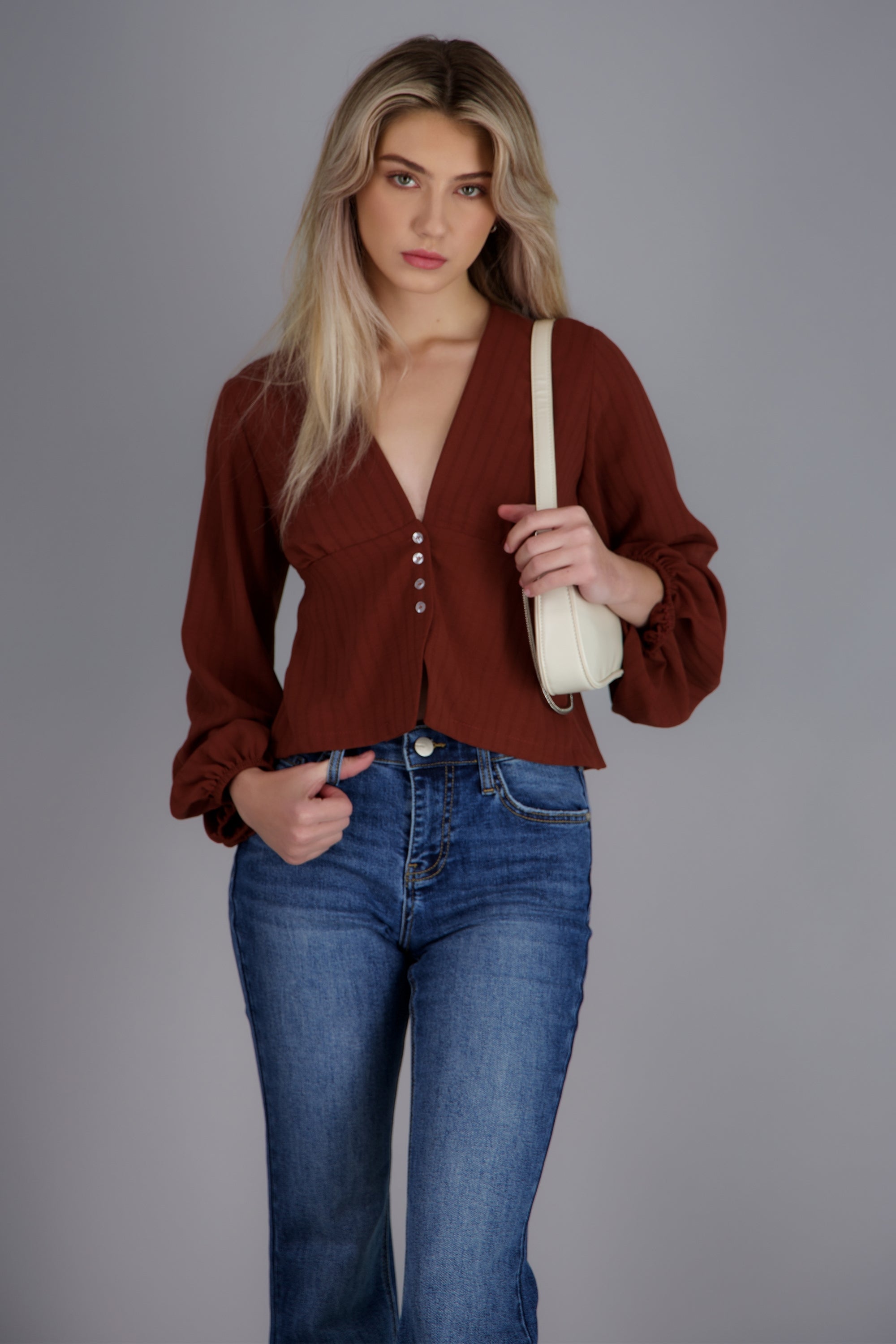 Blusa manga larga abullonada detalle botones LADRILLO