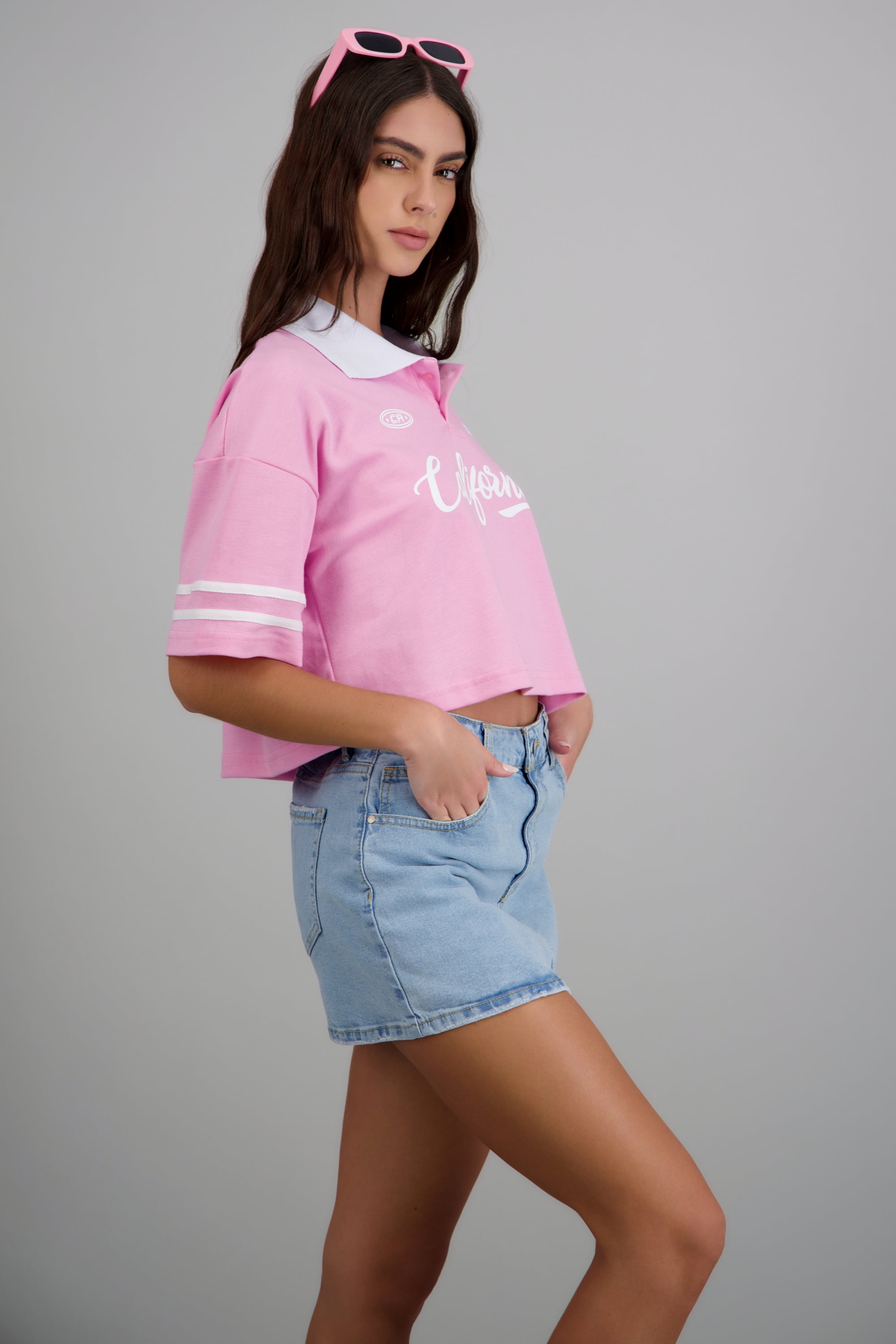 Polo boxy contraste California ROSA PASTEL