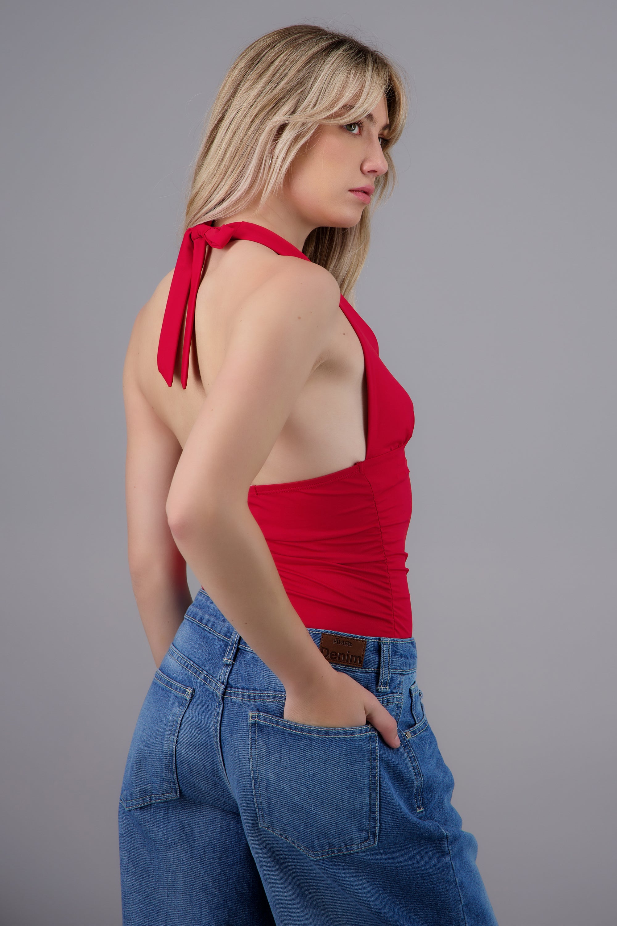 Bodysuit halter drepado en costados ROJO