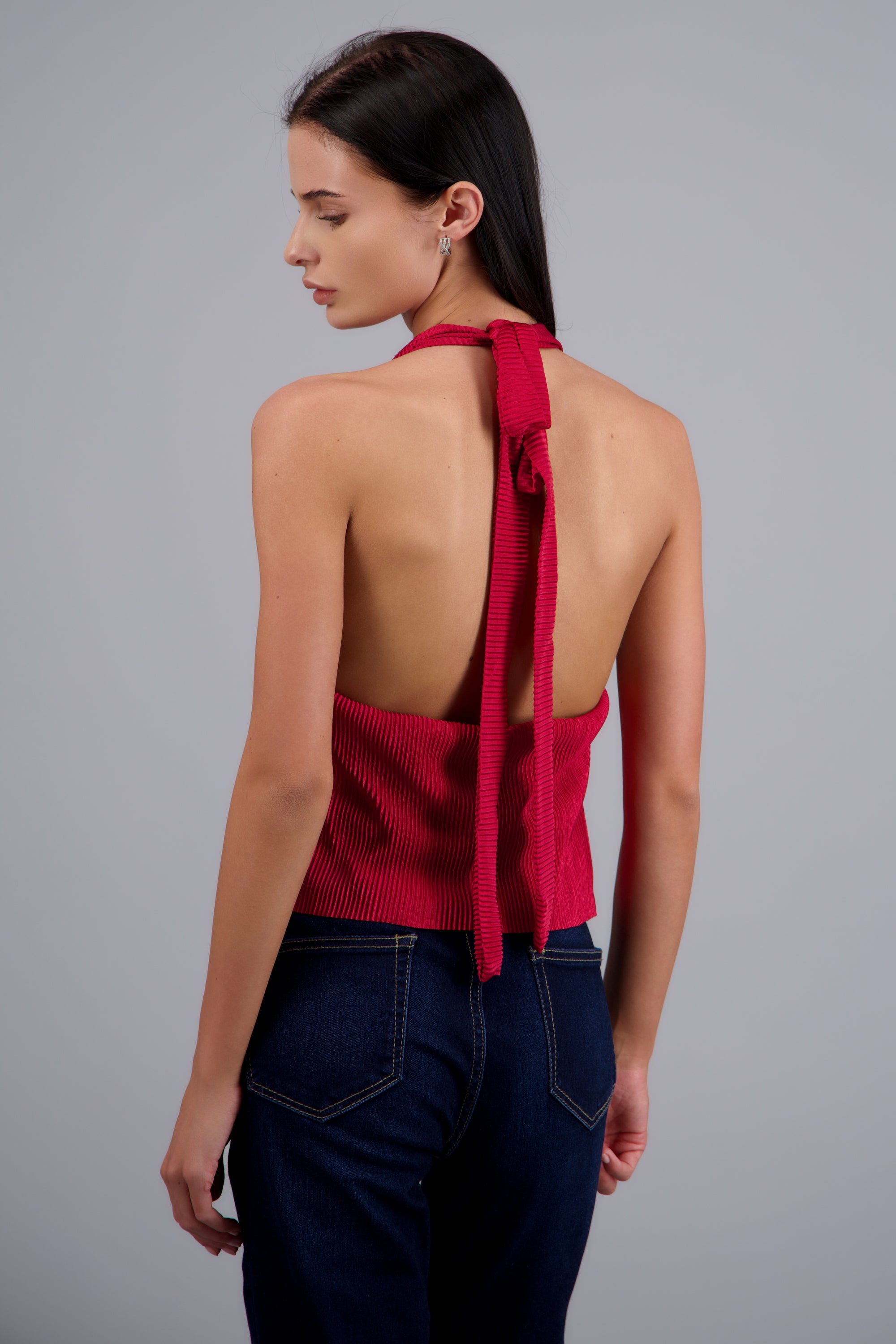 Blusa halter escote cascada detalle tela ROJO
