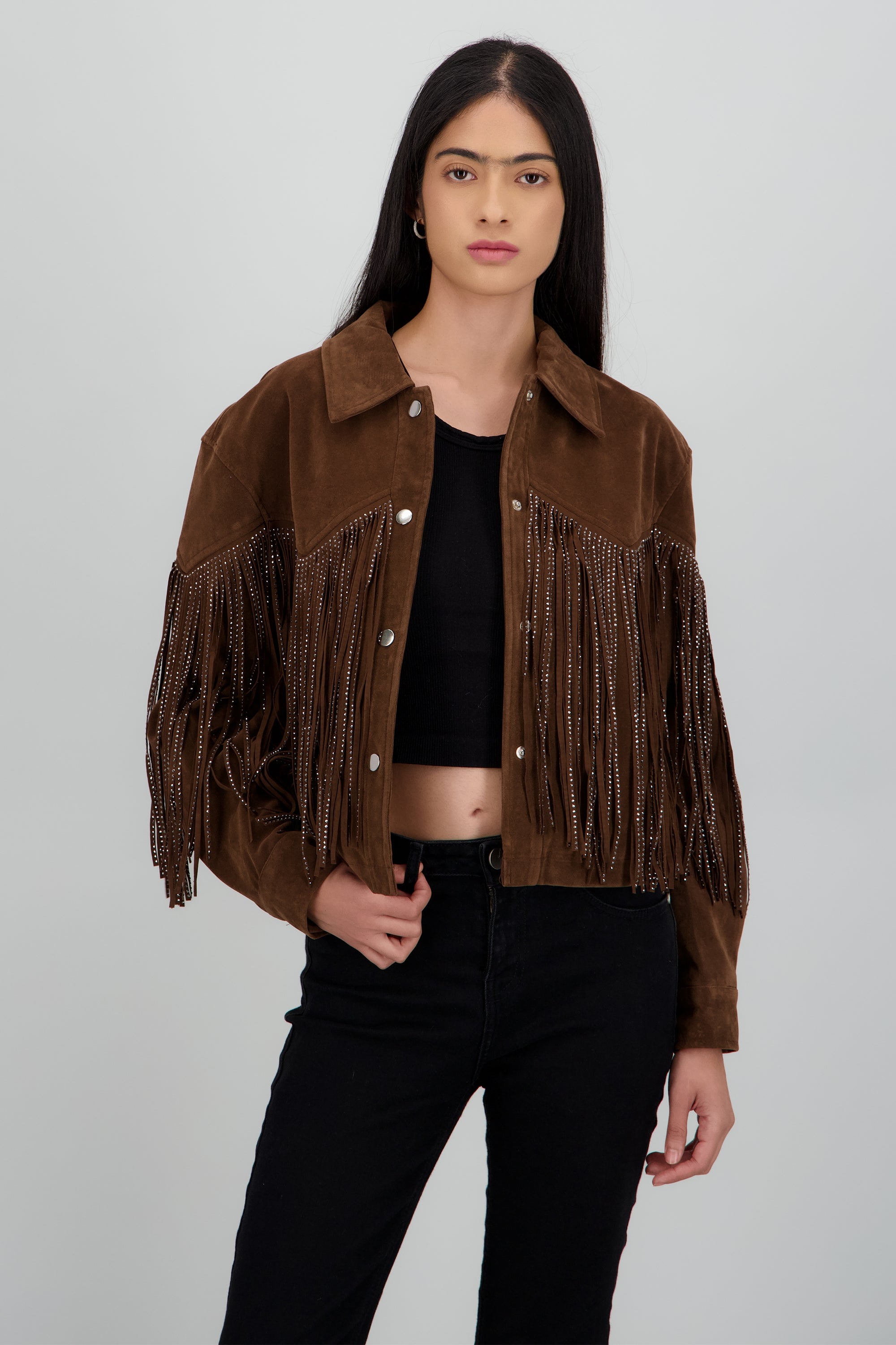 Chamarra de suede con fringe brillos CAFE