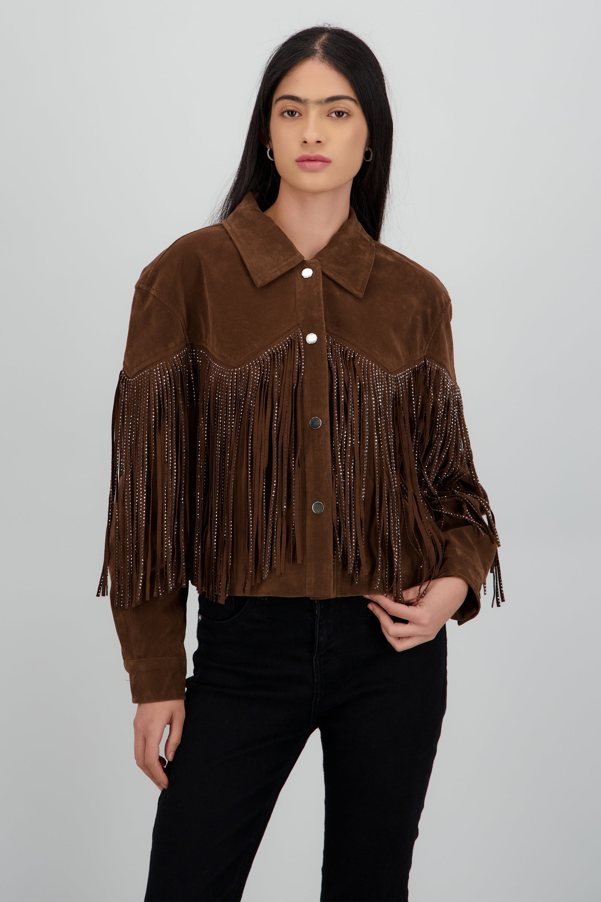Chamarra de suede con fringe brillos CAFE