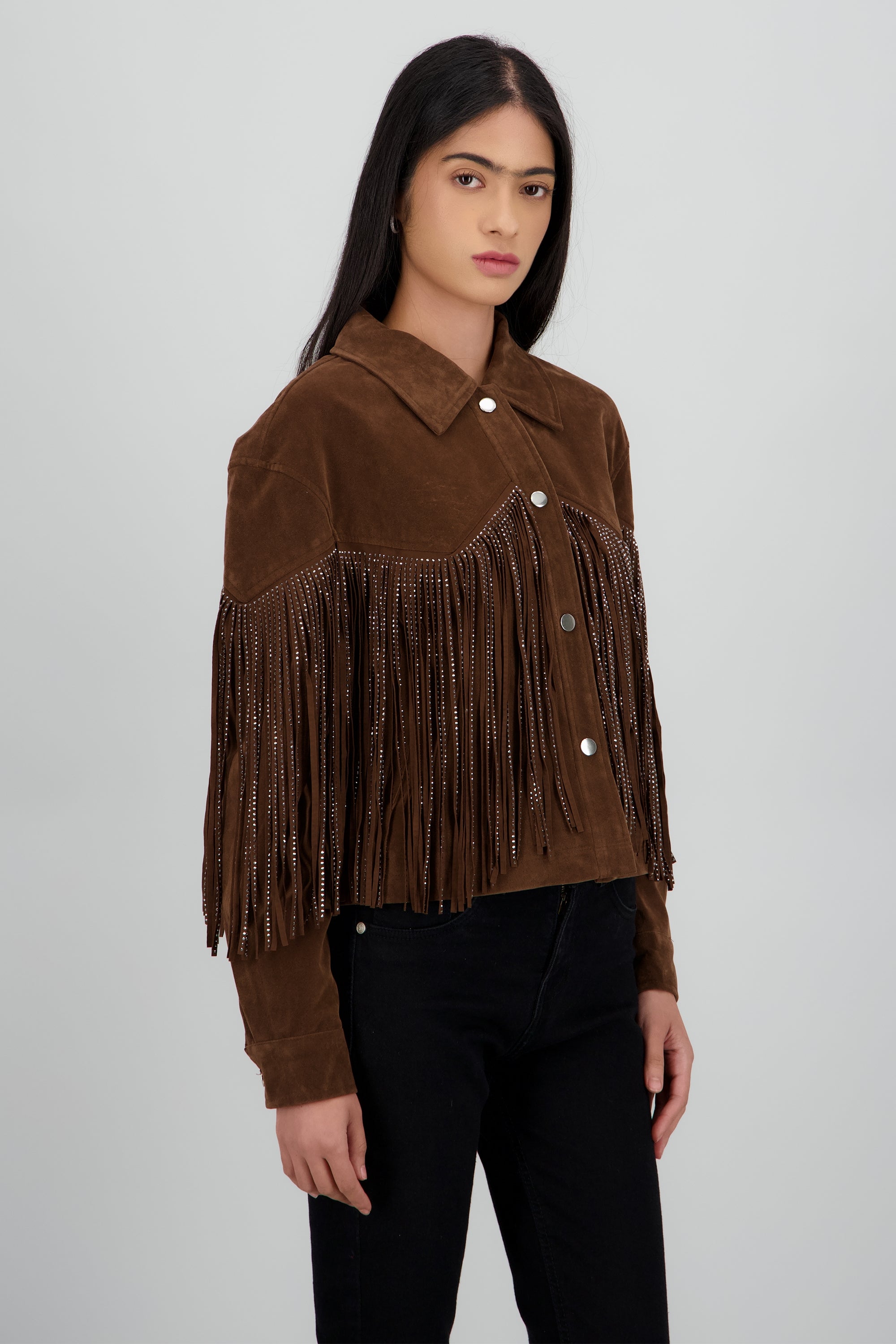 Chamarra de suede con fringe brillos CAFE