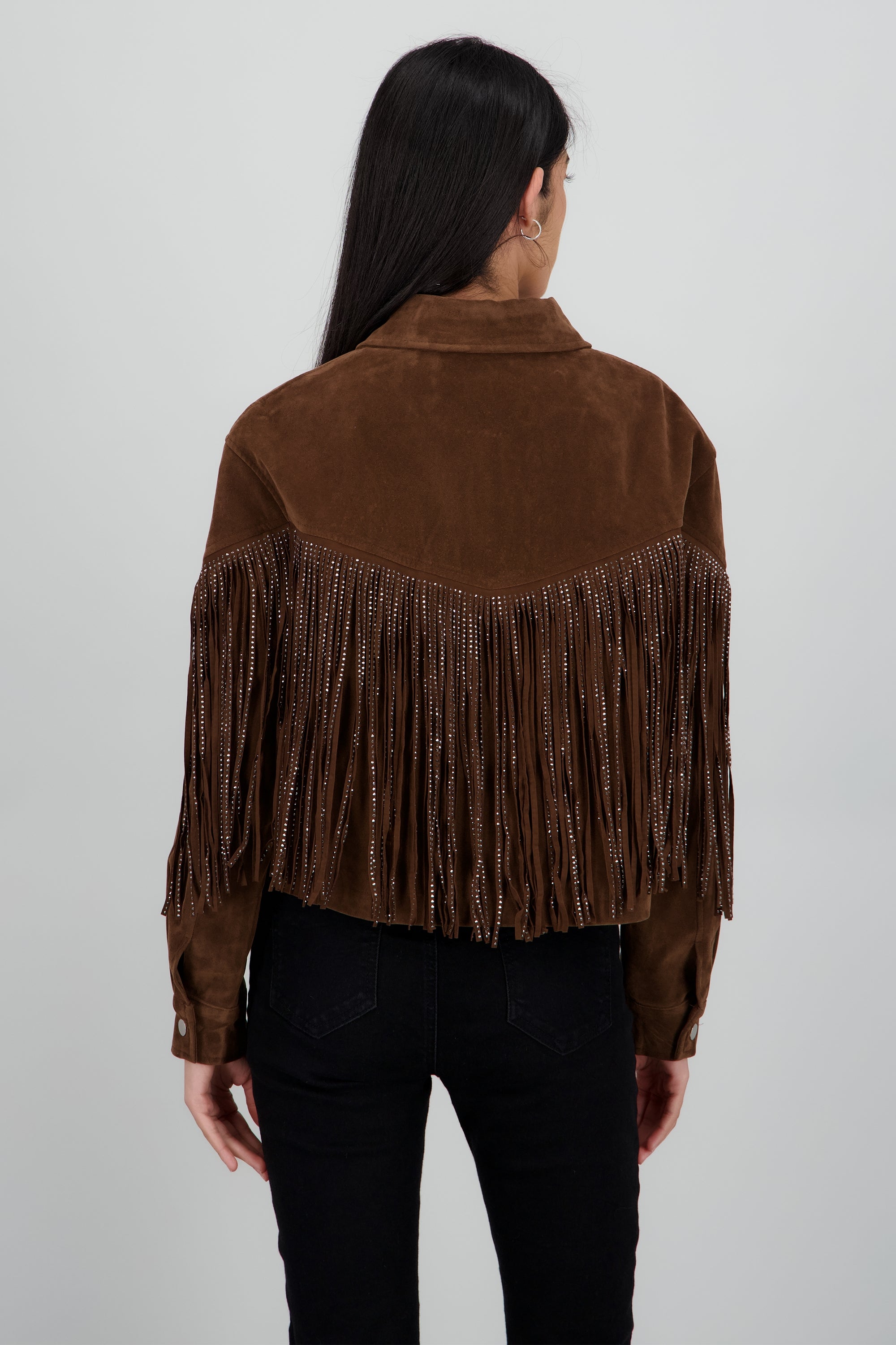 Chamarra de suede con fringe brillos CAFE