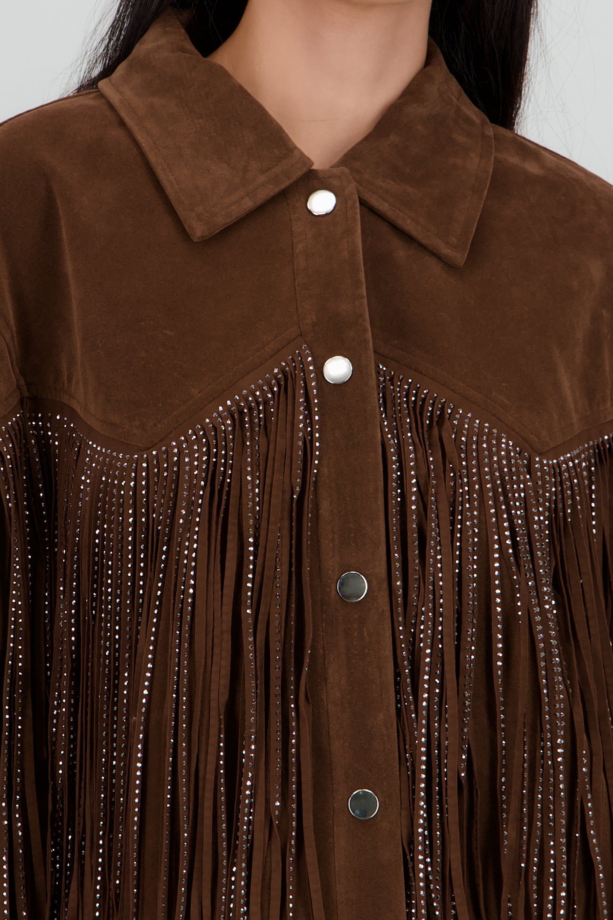 Chamarra de suede con fringe brillos CAFE
