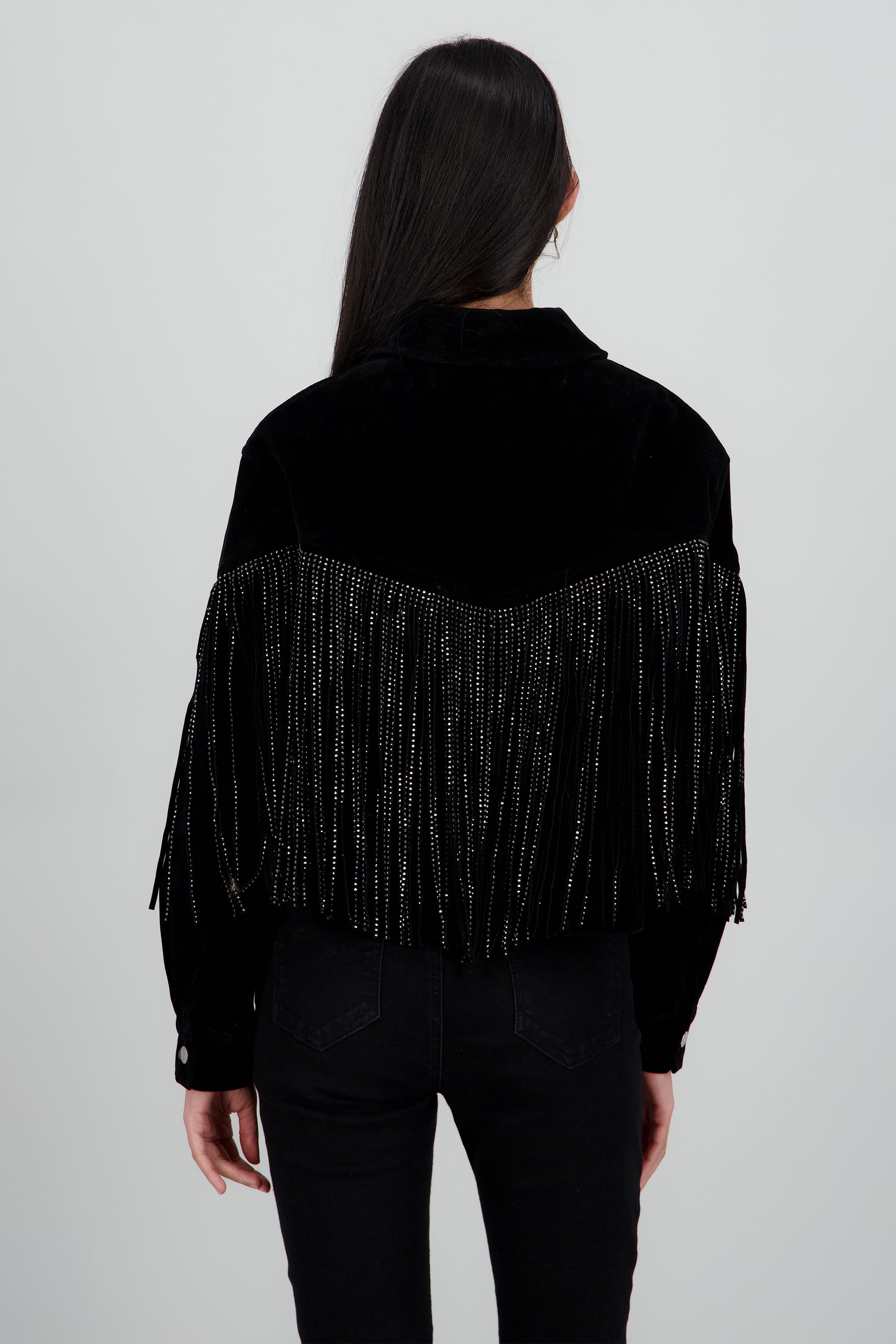 Chamarra de suede con fringe brillos NEGRO