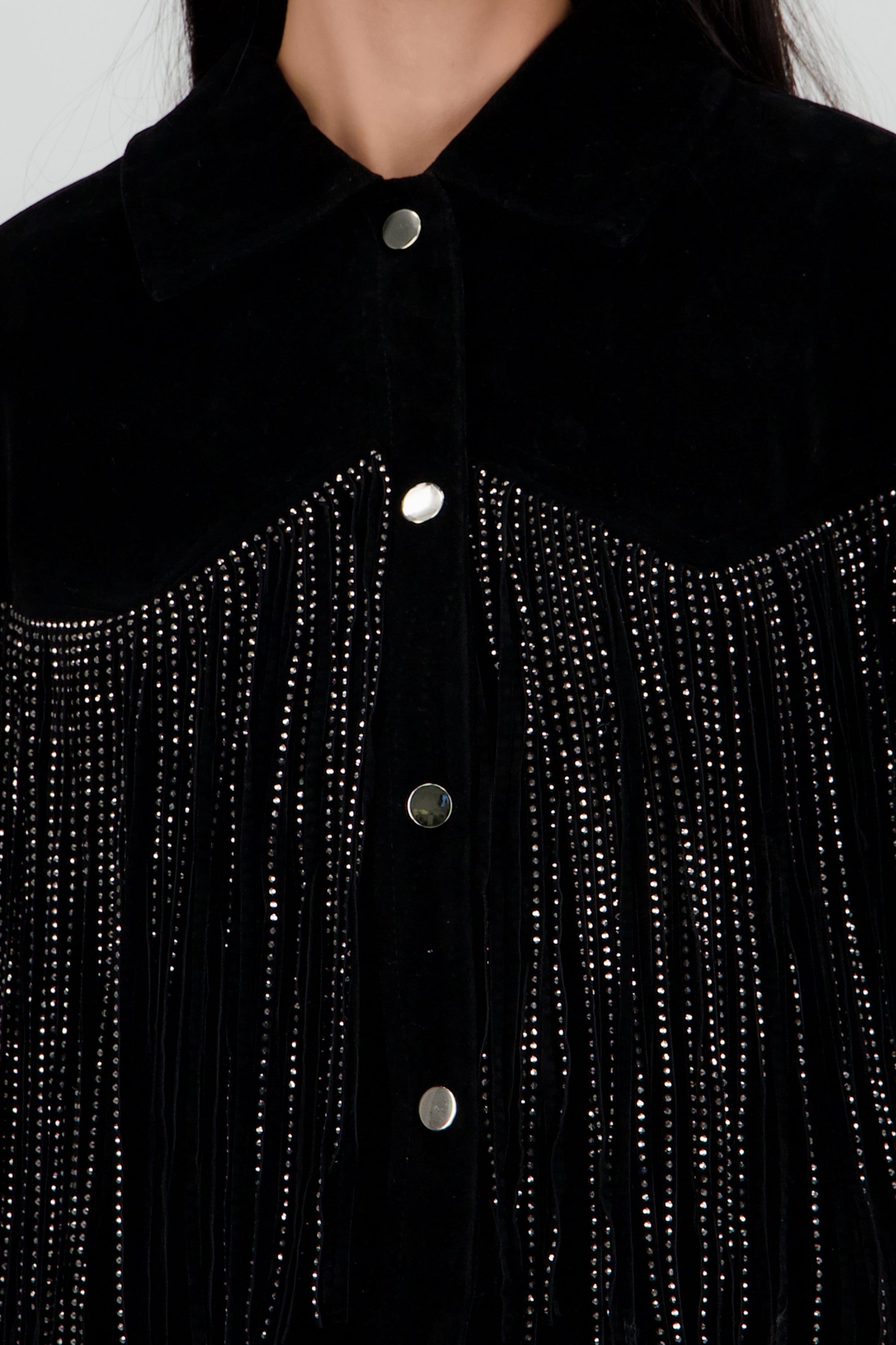 Chamarra de suede con fringe brillos NEGRO