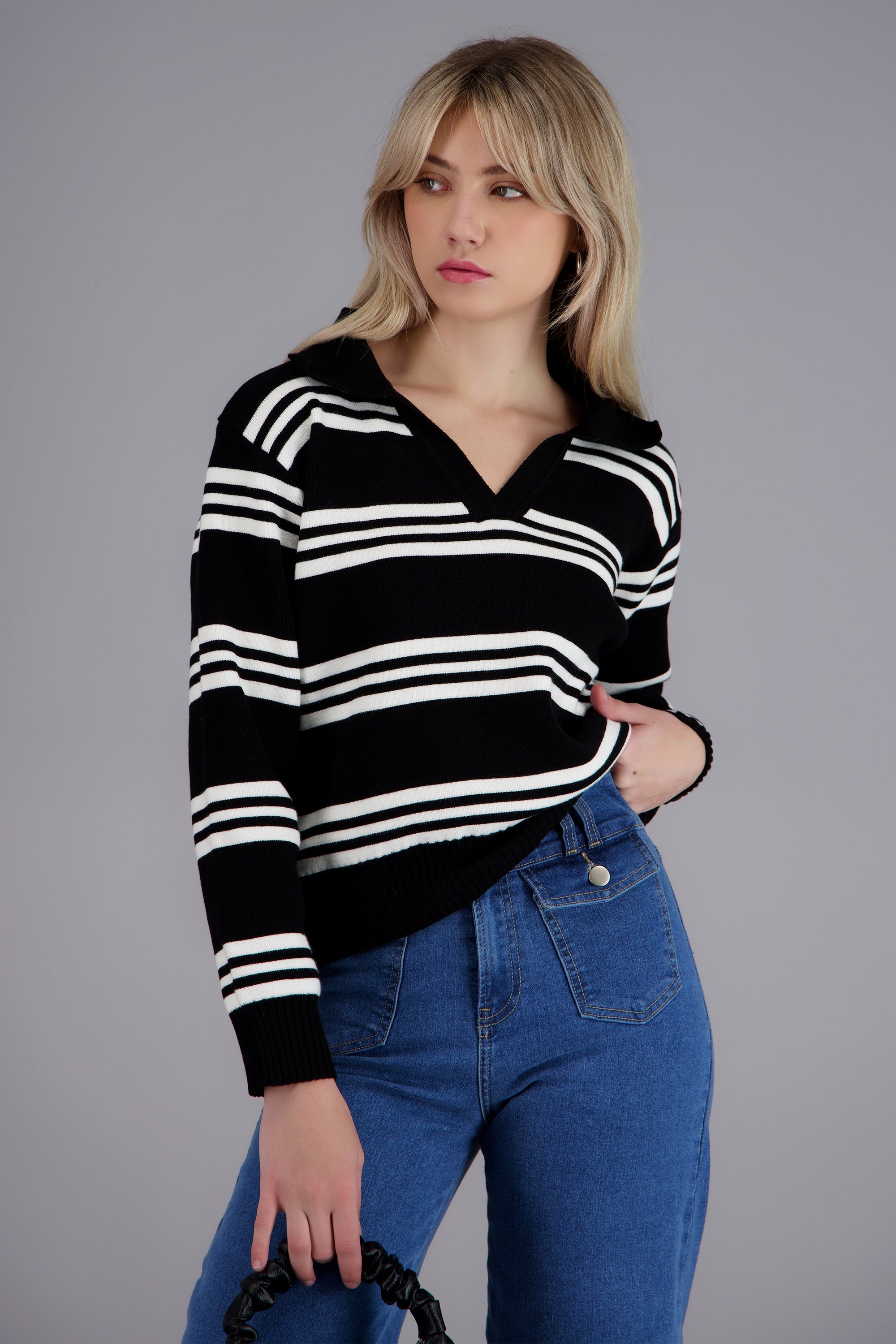 top polo rayas manga larga NEGRO COMBO