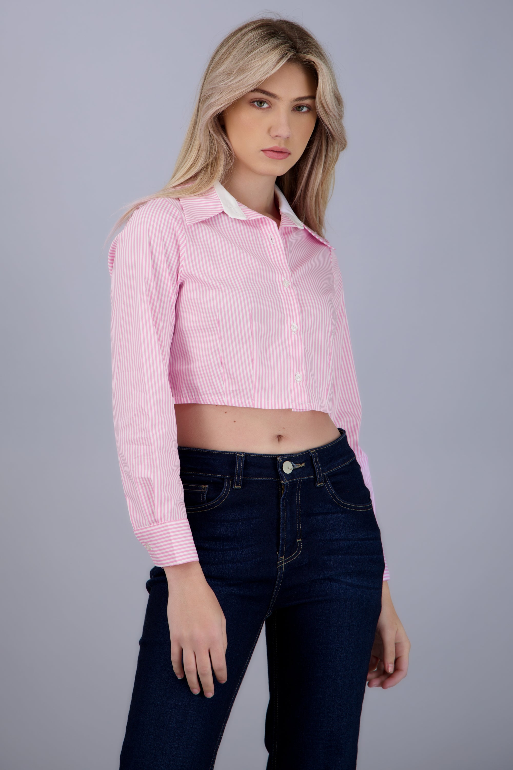 Camisa crop de rayas con pinzas ROSA COMBO