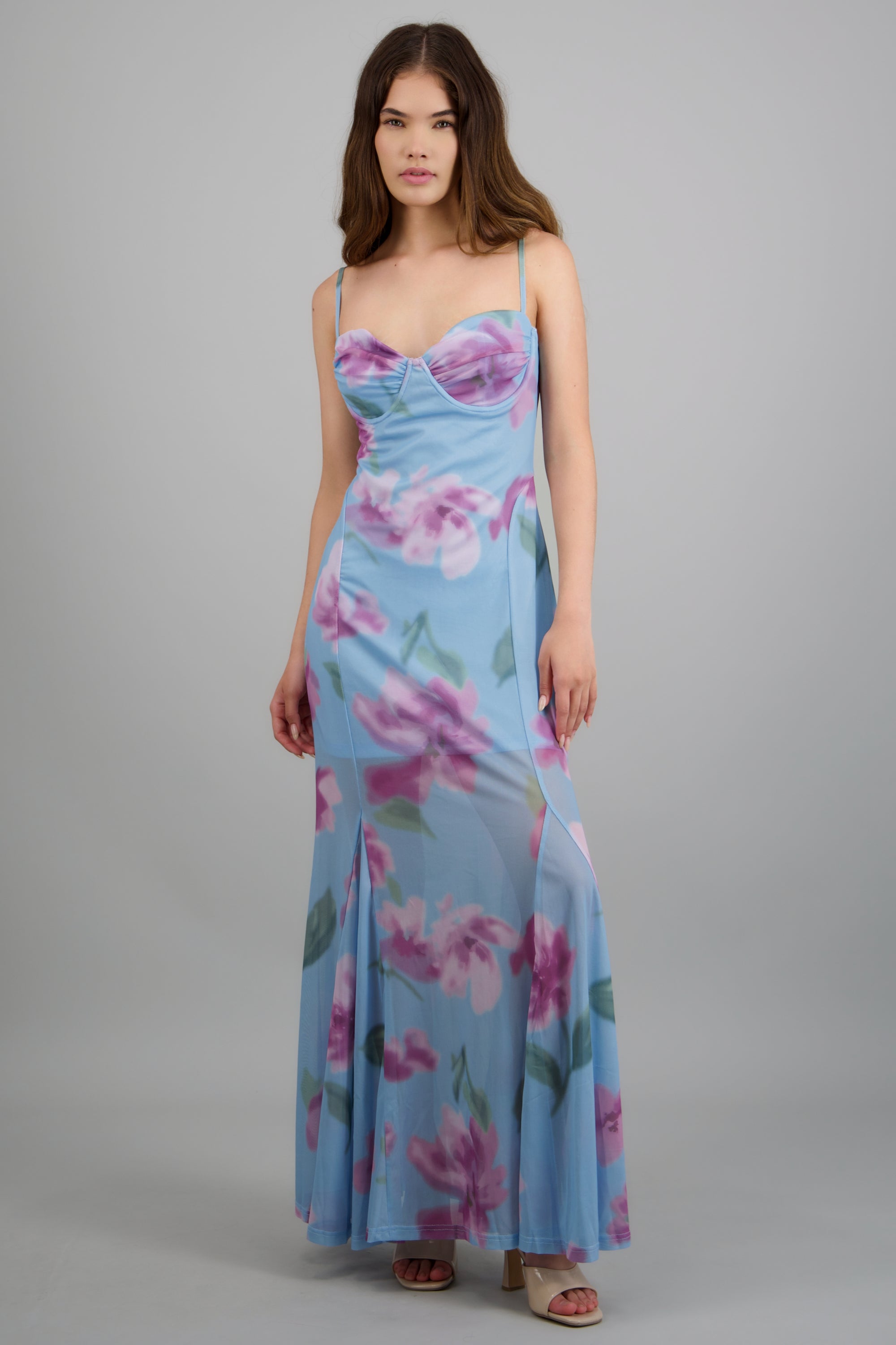 Maxi vestido mesh estampado escote AZUL COMBO