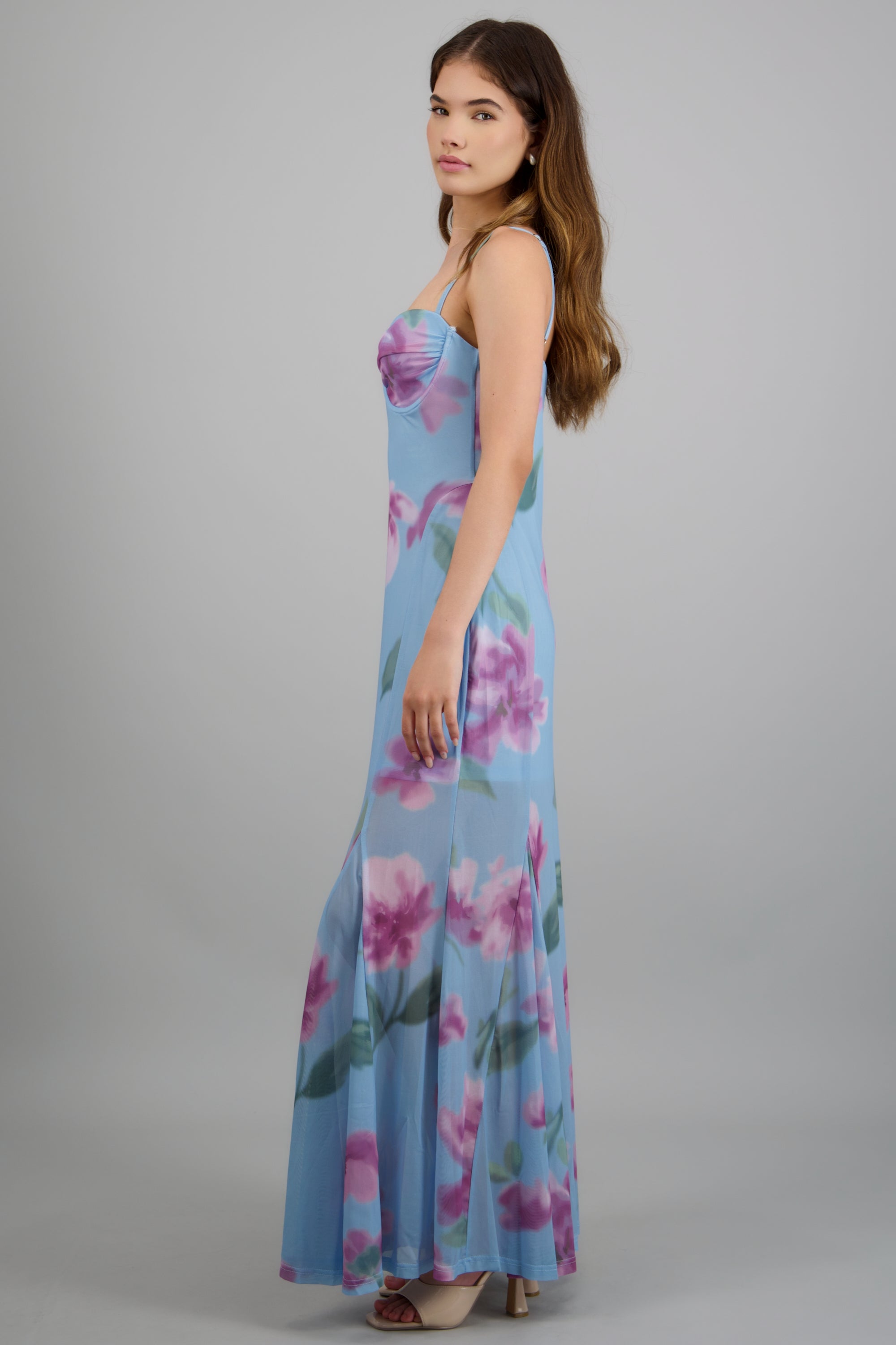 Maxi vestido mesh estampado escote AZUL COMBO
