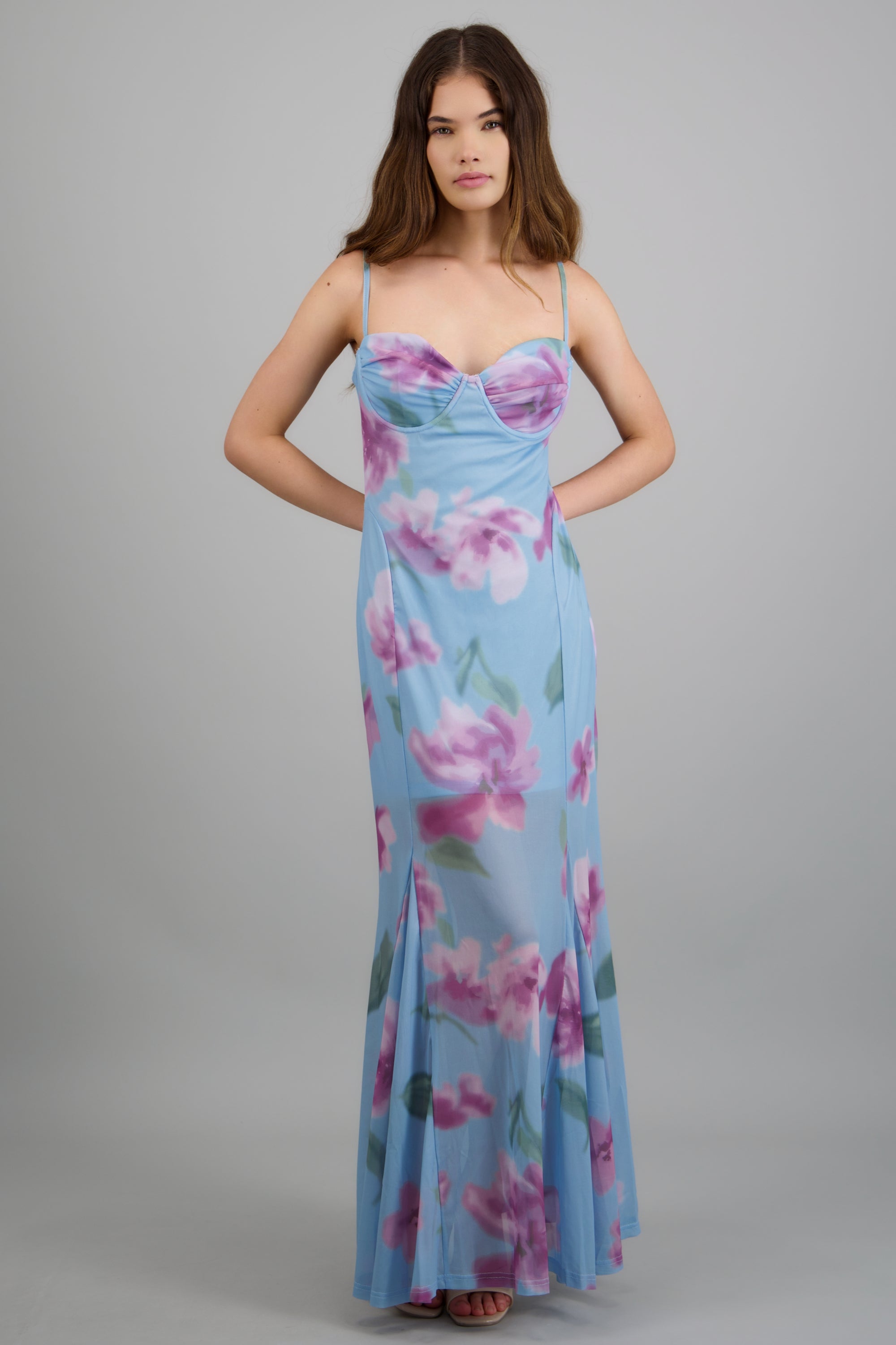 Maxi vestido mesh estampado escote AZUL COMBO