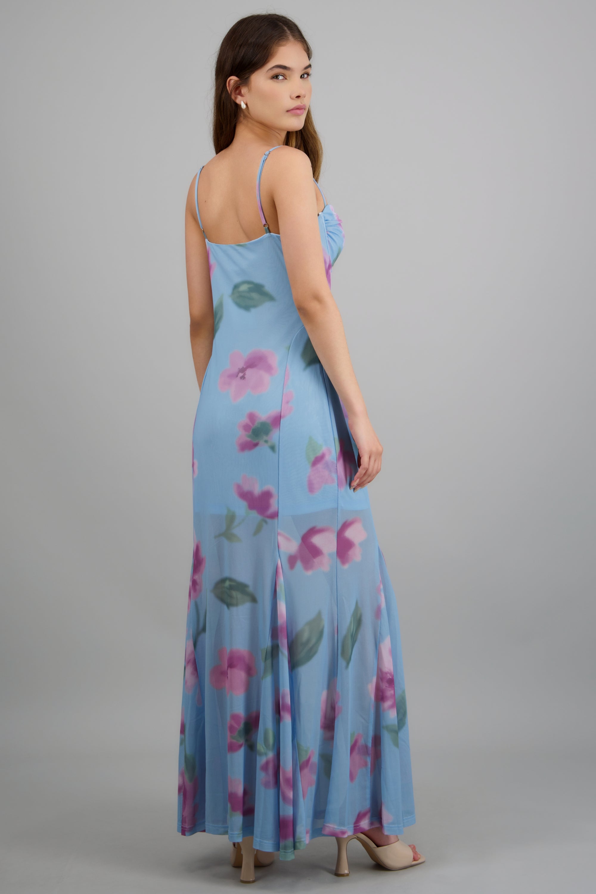 Maxi vestido mesh estampado escote AZUL COMBO