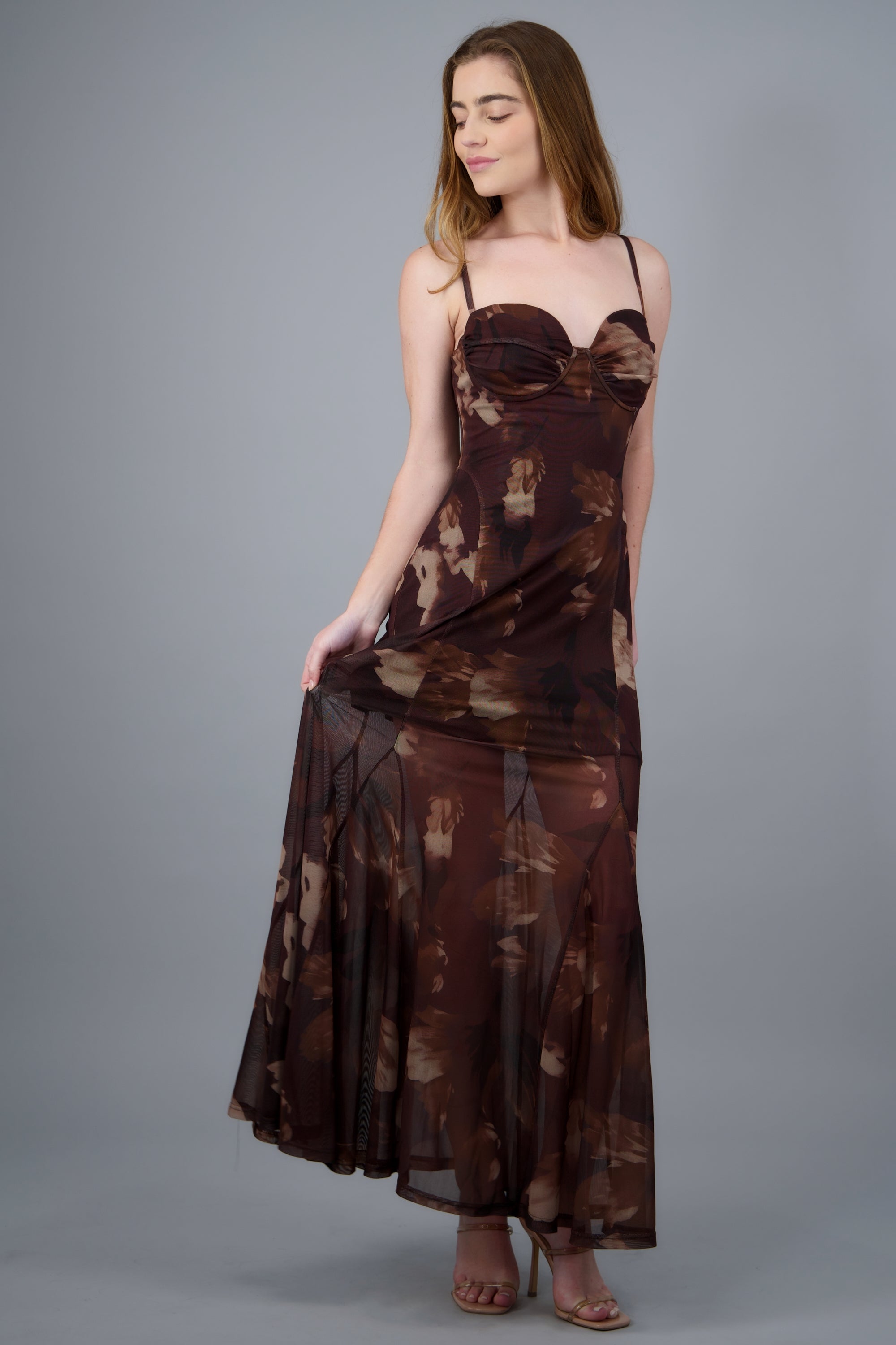 Maxi vestido mesh estampado escote CAFE COMBO