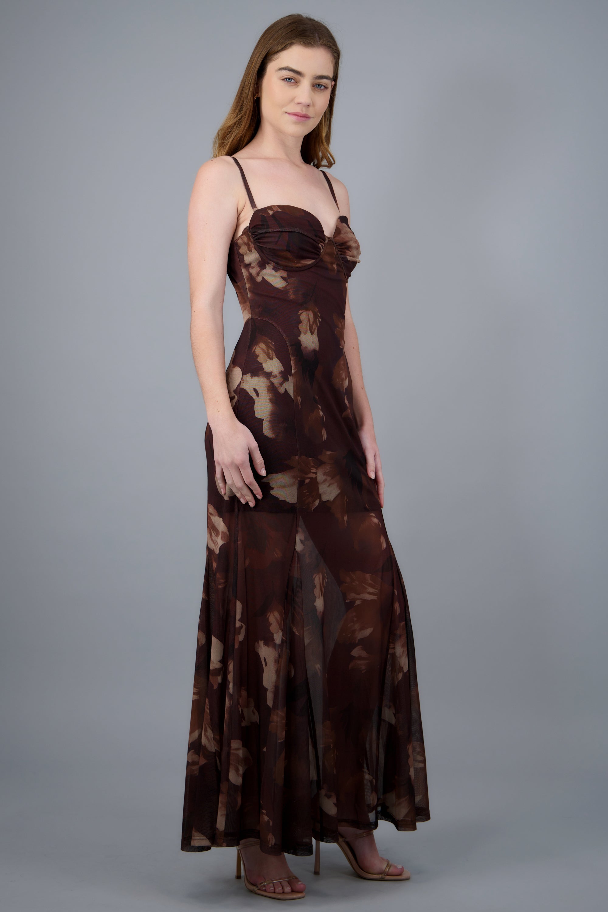 Maxi vestido mesh estampado escote CAFE COMBO