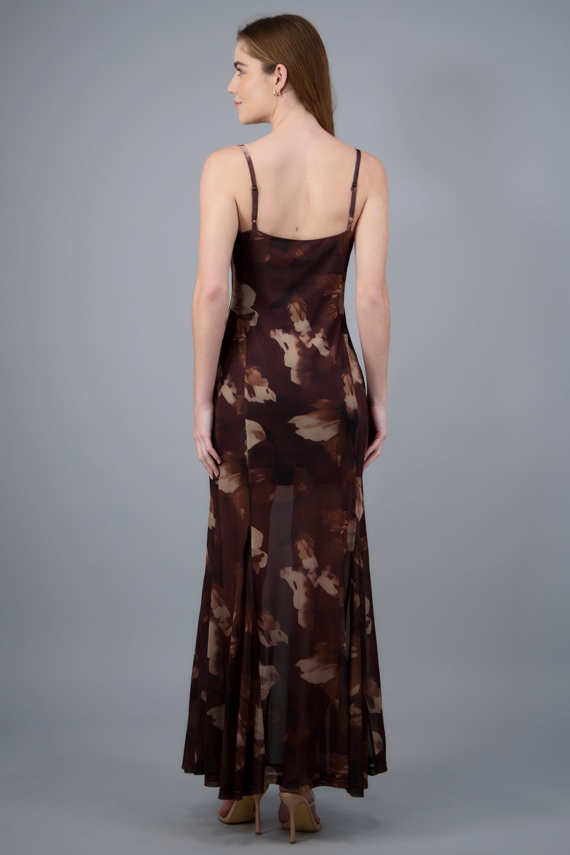 Maxi vestido mesh estampado escote CAFE COMBO