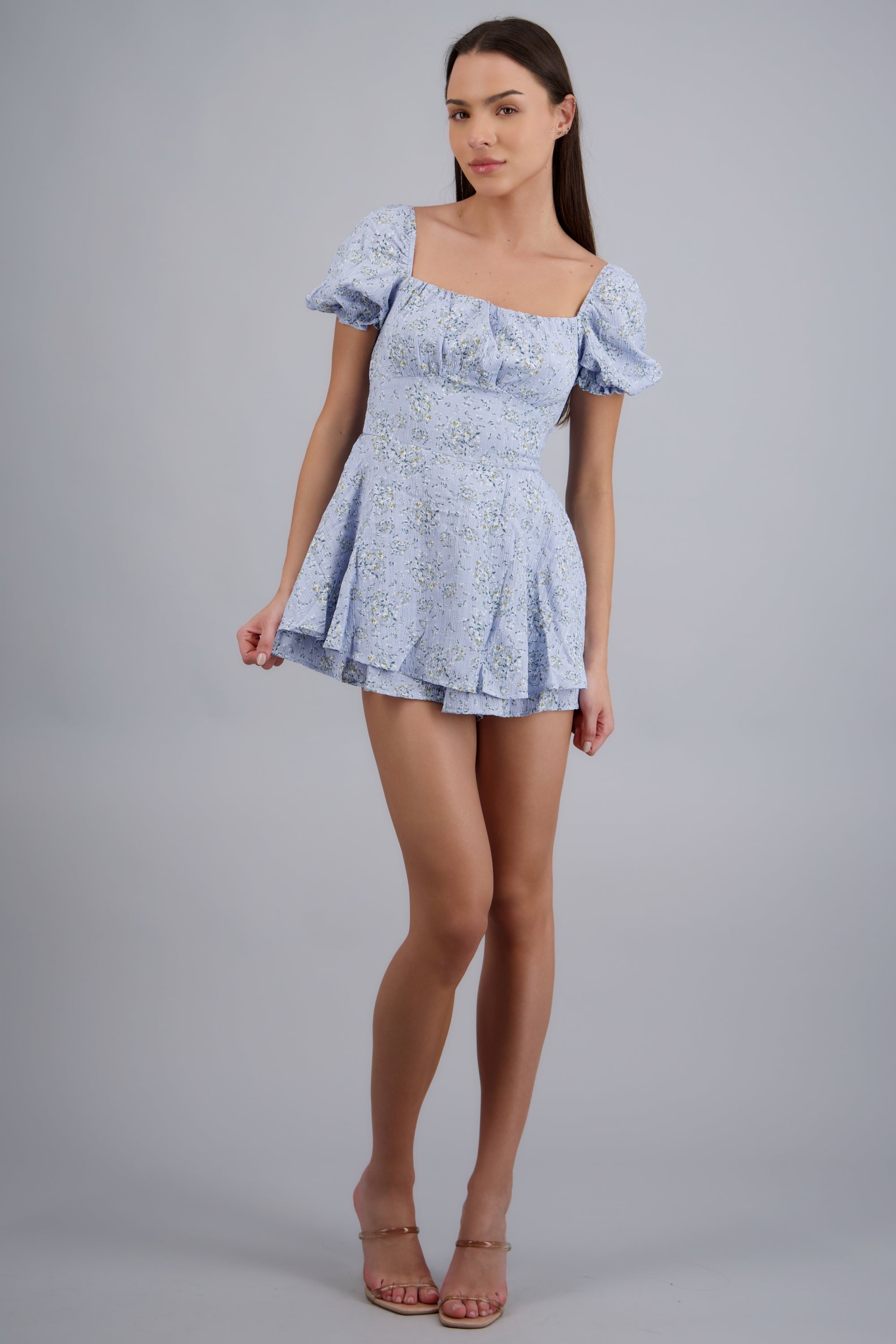 Vestido de escote cuadrado con mangas abullonadas AZUL COMBO