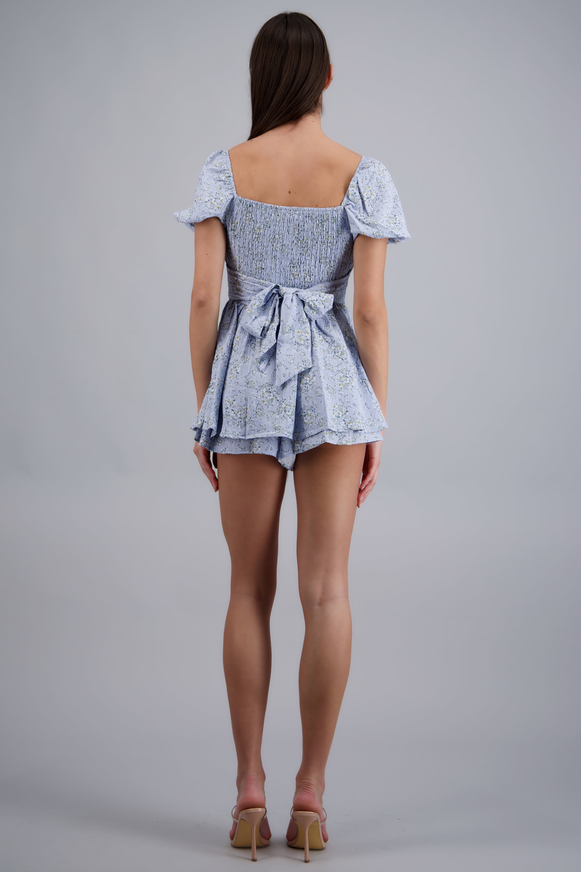 Vestido de escote cuadrado con mangas abullonadas AZUL COMBO