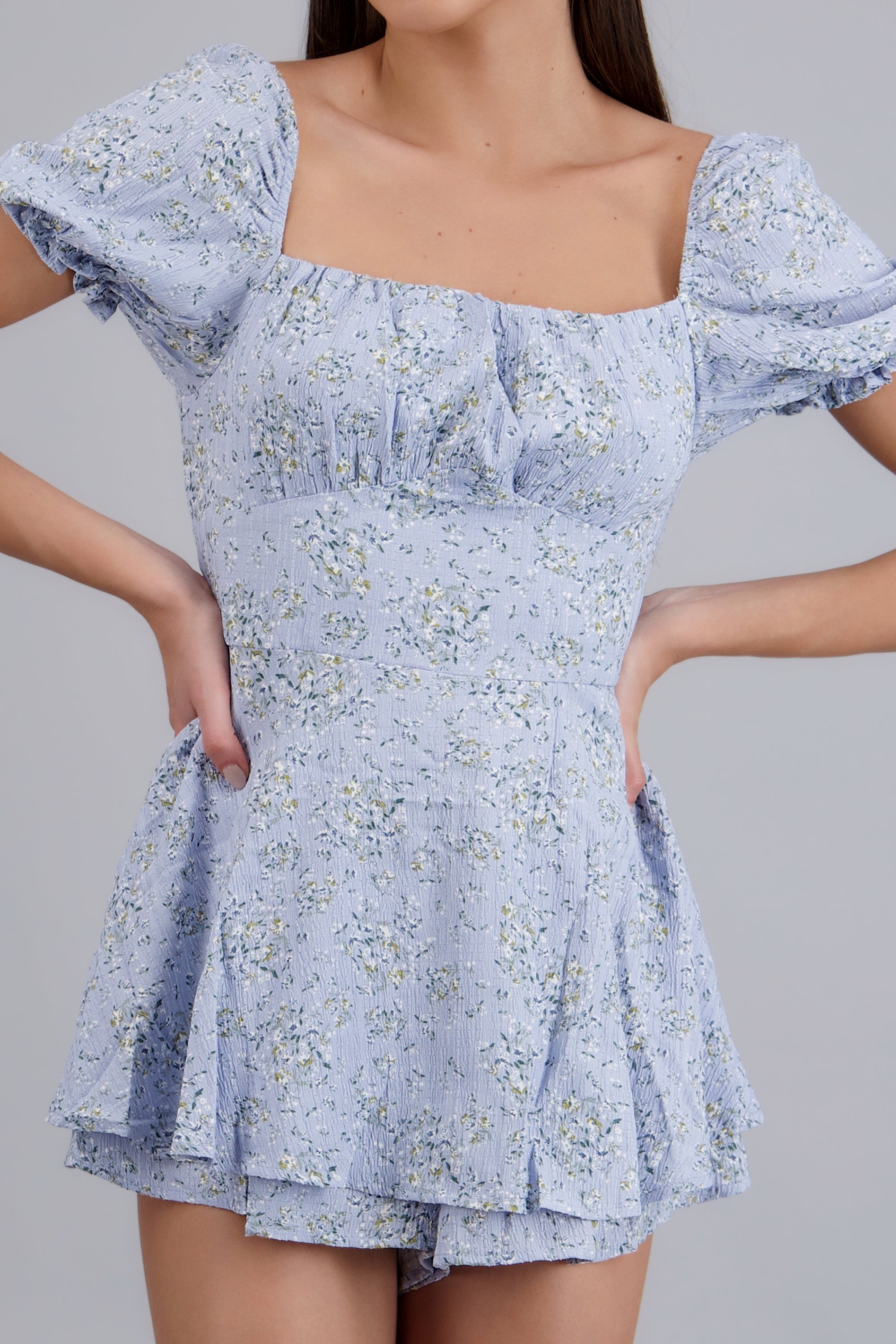 Vestido de escote cuadrado con mangas abullonadas AZUL COMBO