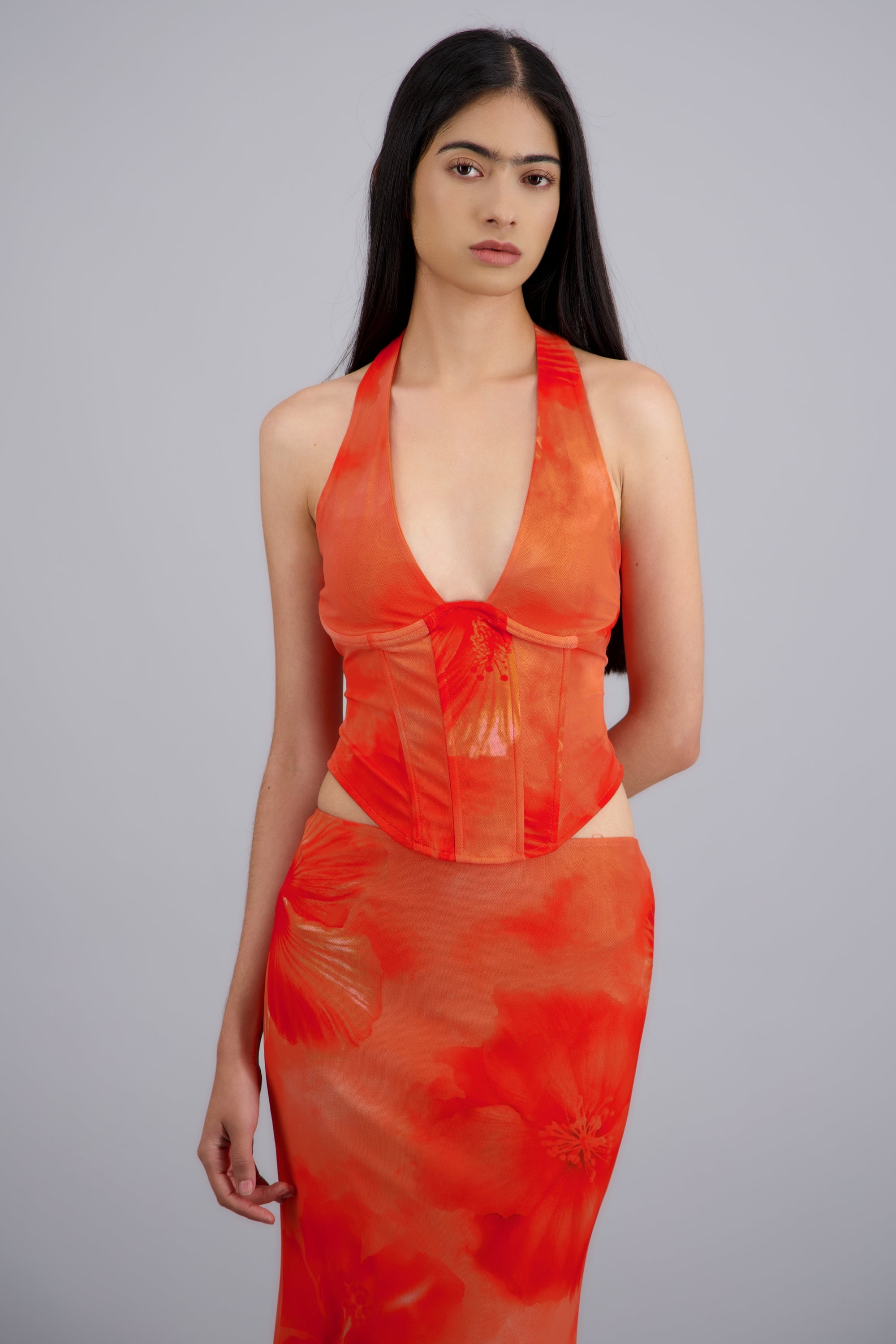 Top halter corset mesh estampado con varillas NARANJA COMBO