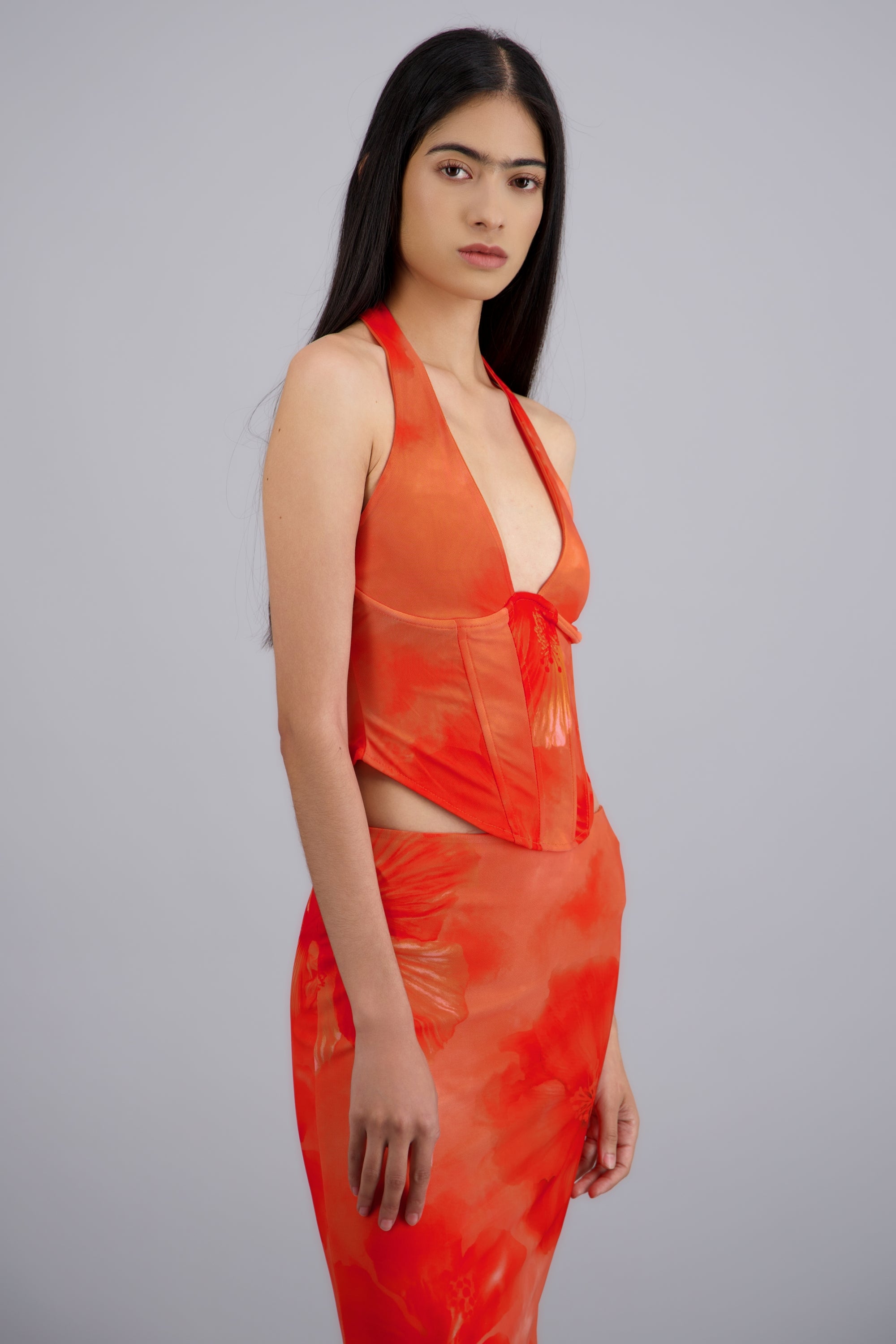Top halter corset mesh estampado con varillas NARANJA COMBO