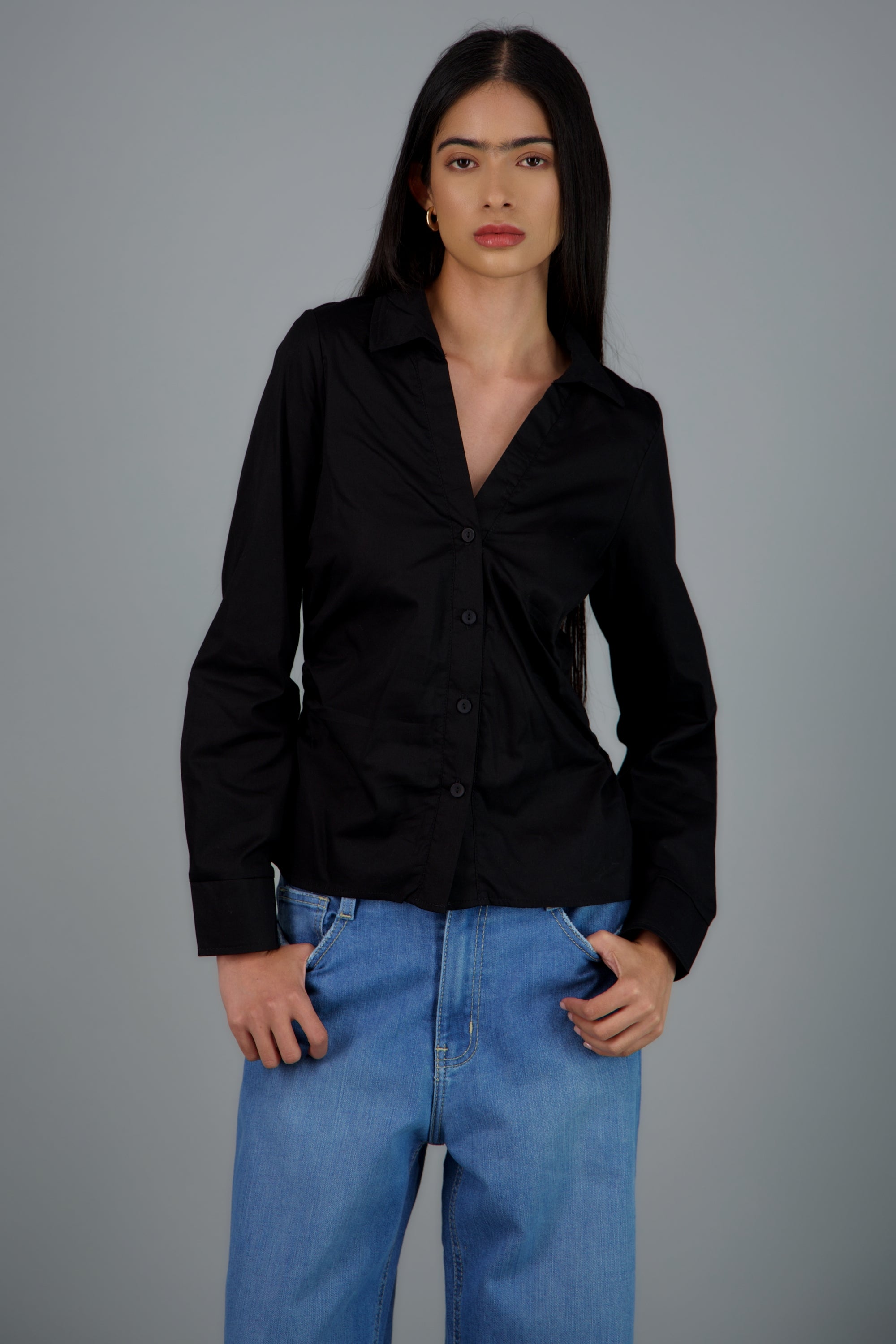 Camisa manga larga detalle frunces NEGRO