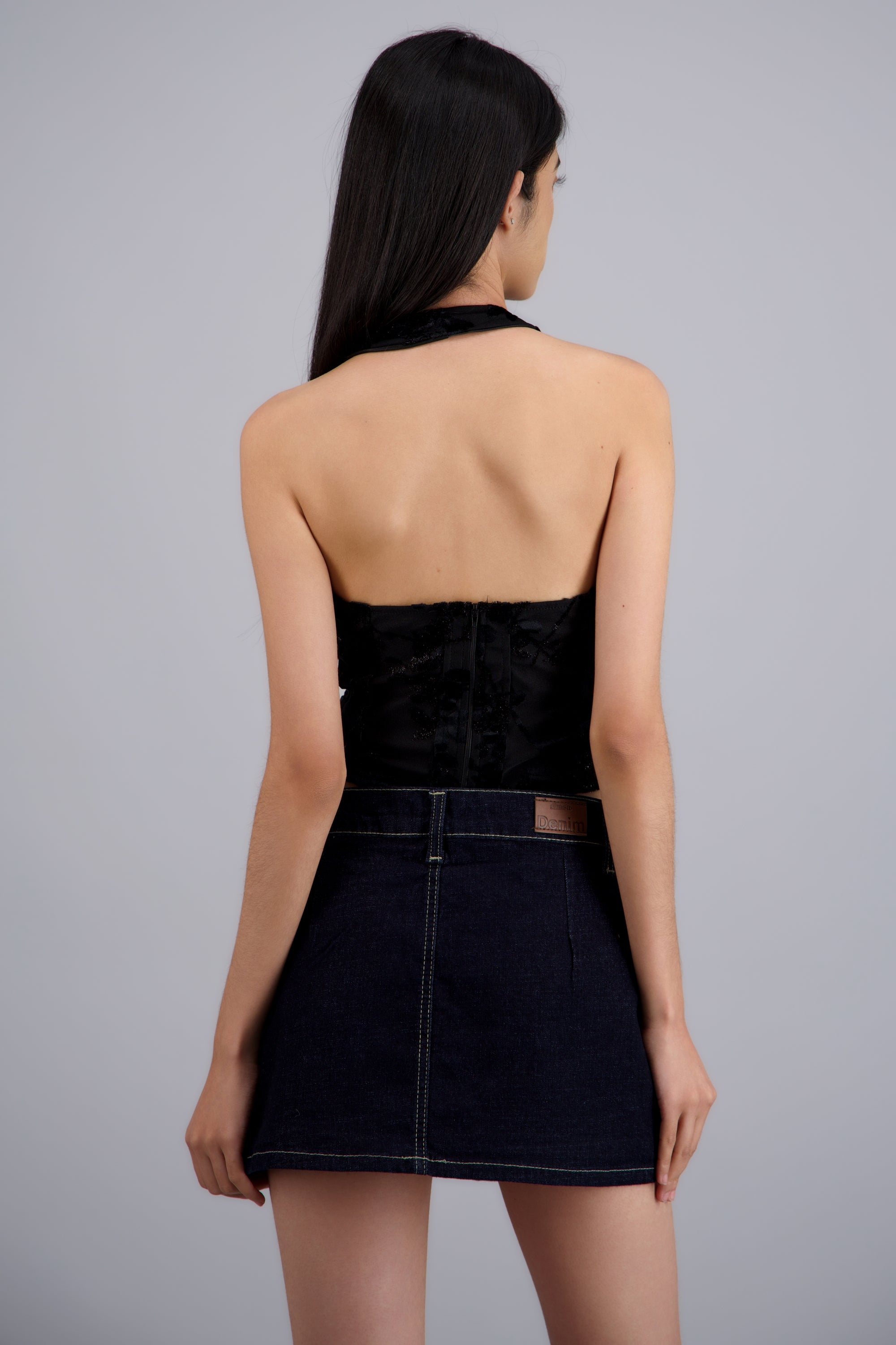 Blusa halter corset mesh flock con varillas NEGRO