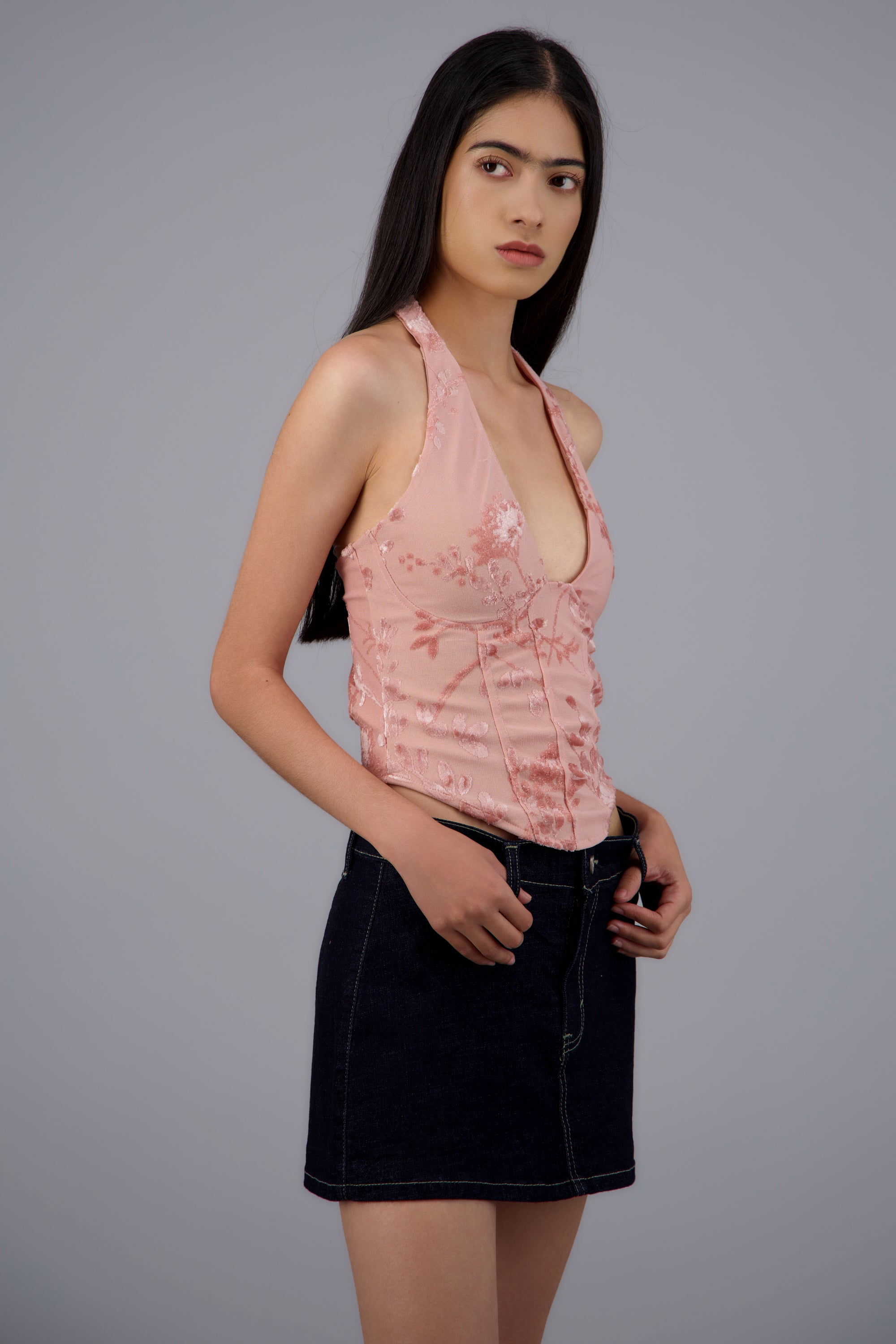 Blusa halter corset mesh flock con varillas ROSA PASTEL