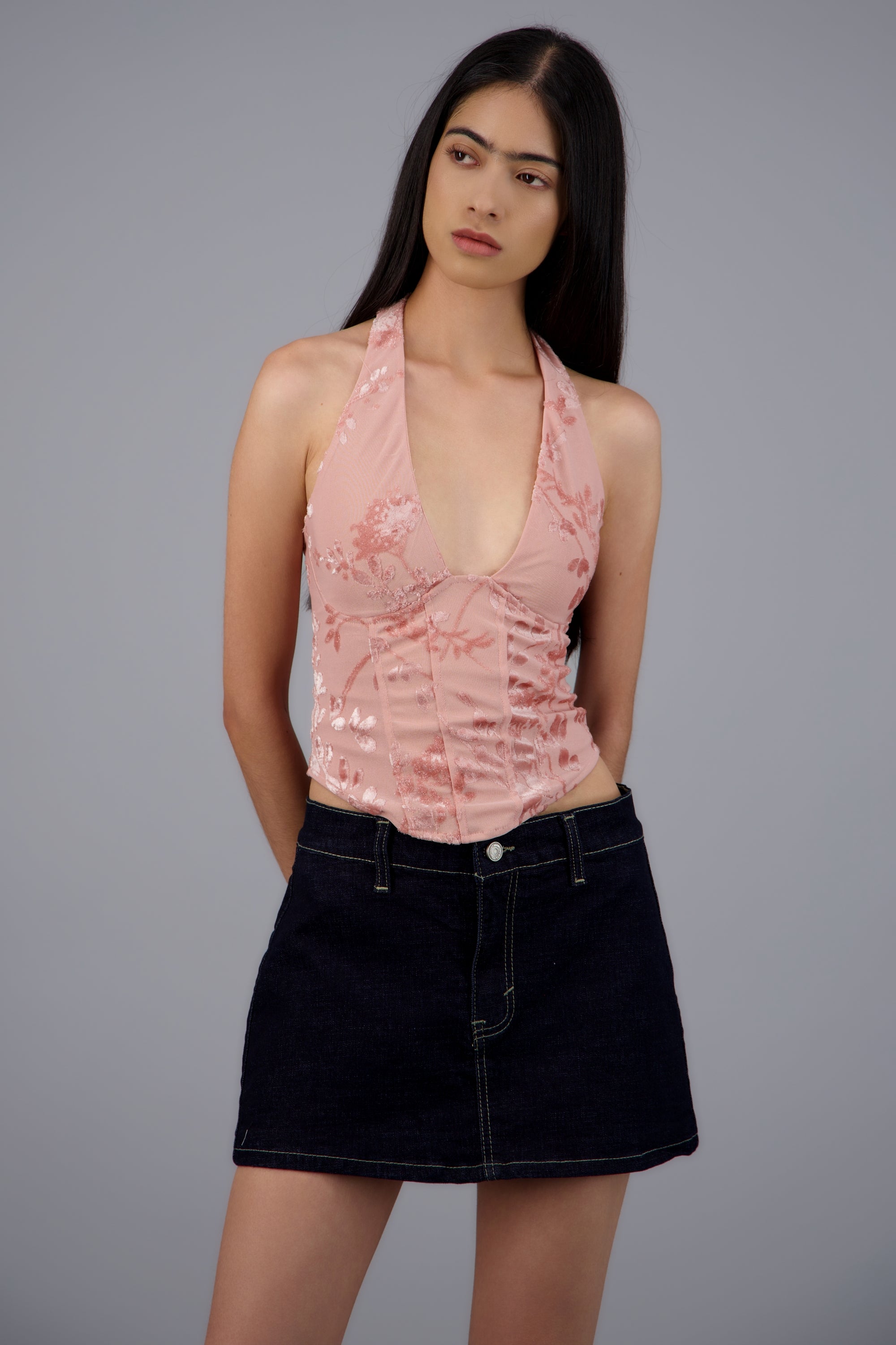 Blusa halter corset mesh flock con varillas ROSA PASTEL