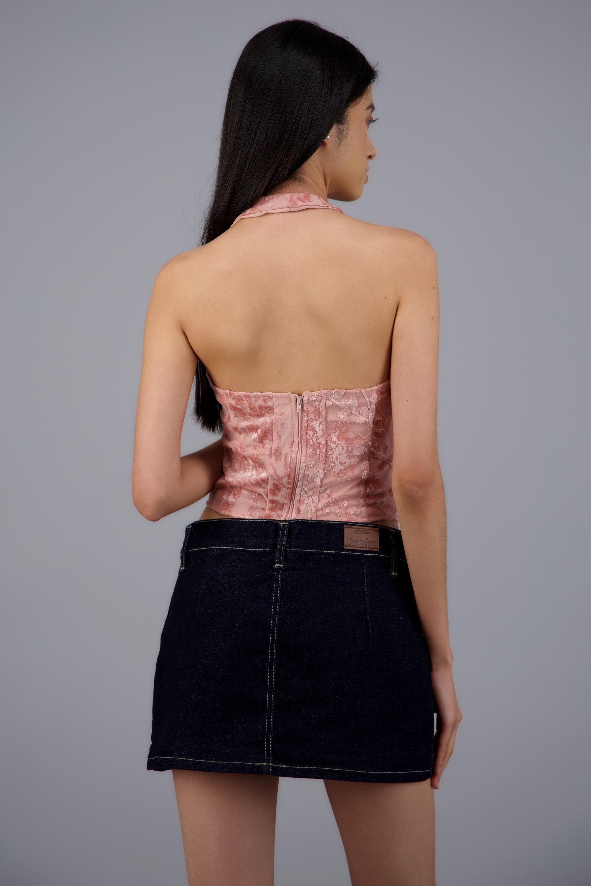 Blusa halter corset mesh flock con varillas ROSA PASTEL