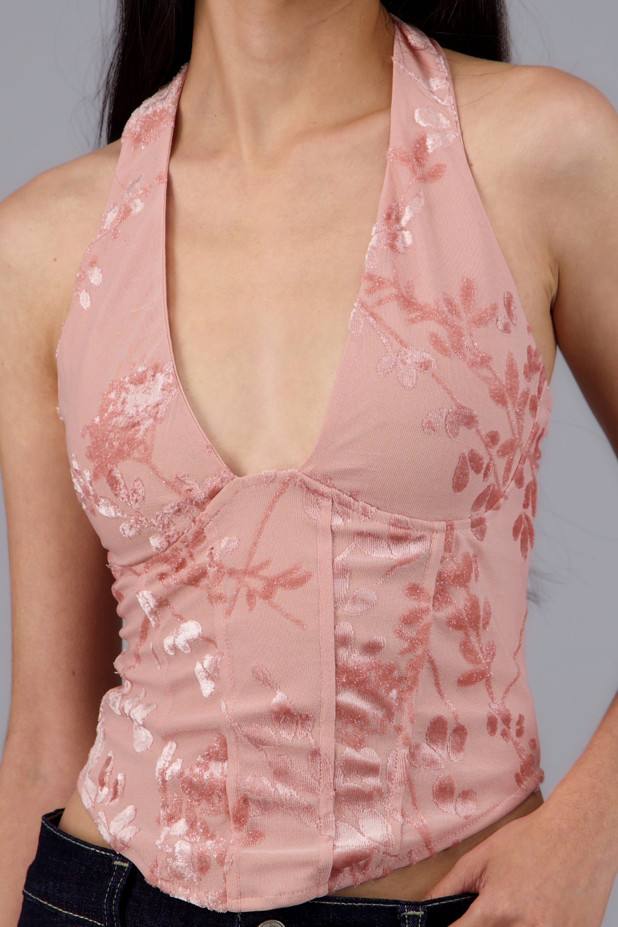 Blusa halter corset mesh flock con varillas ROSA PASTEL