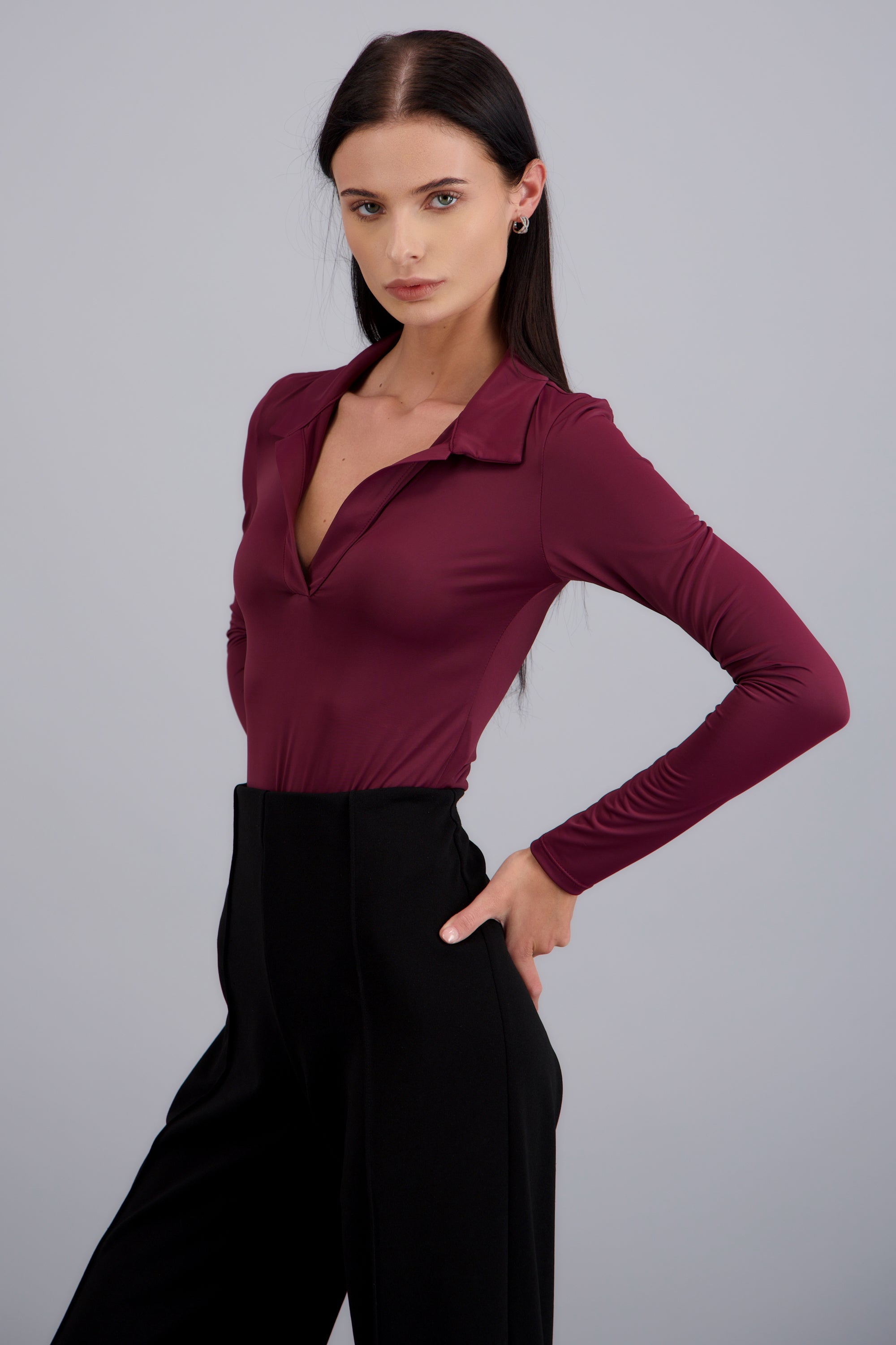 Bodysuit manga larga cuello polo CIRUELA