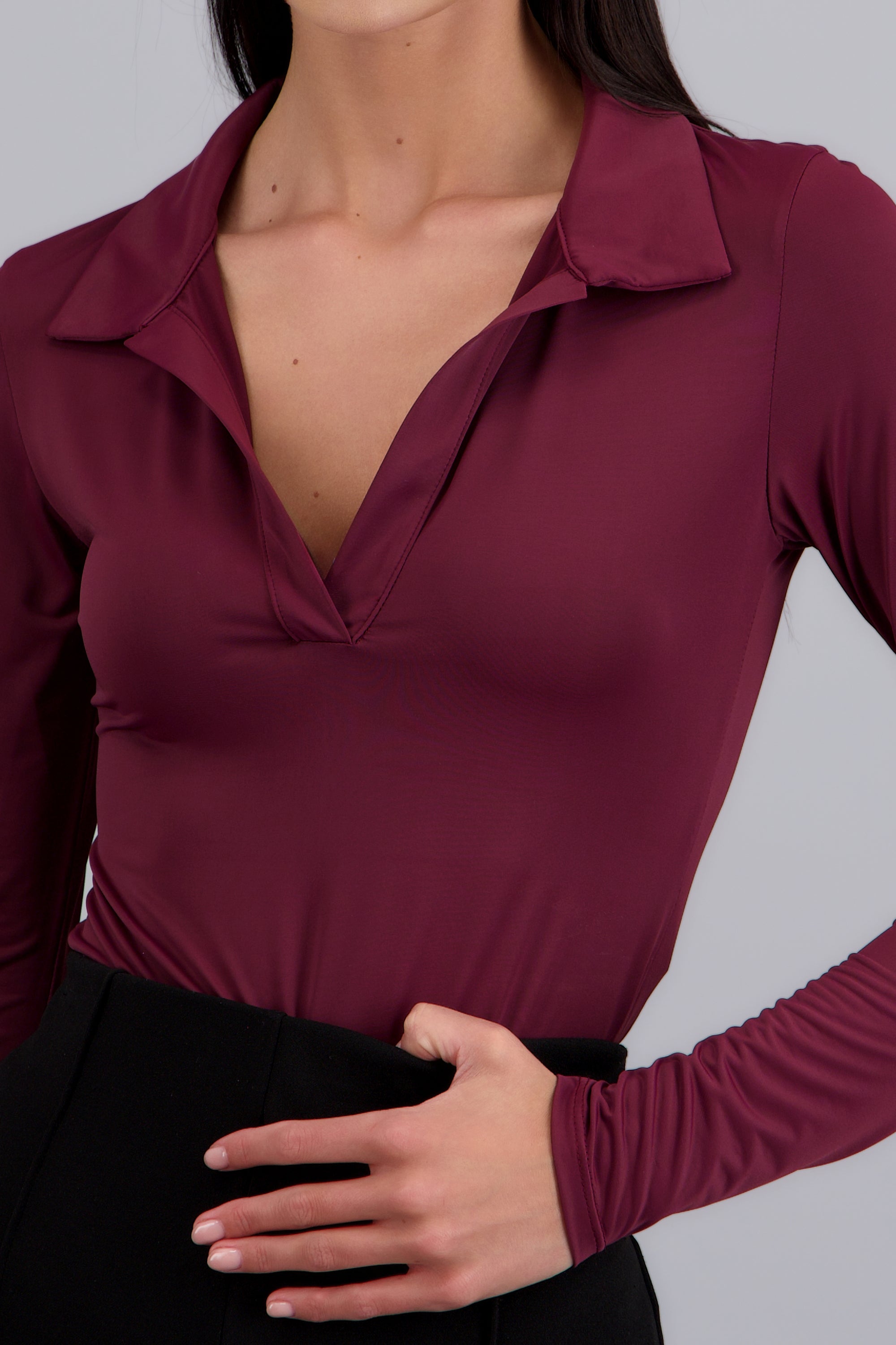 Bodysuit manga larga cuello polo CIRUELA