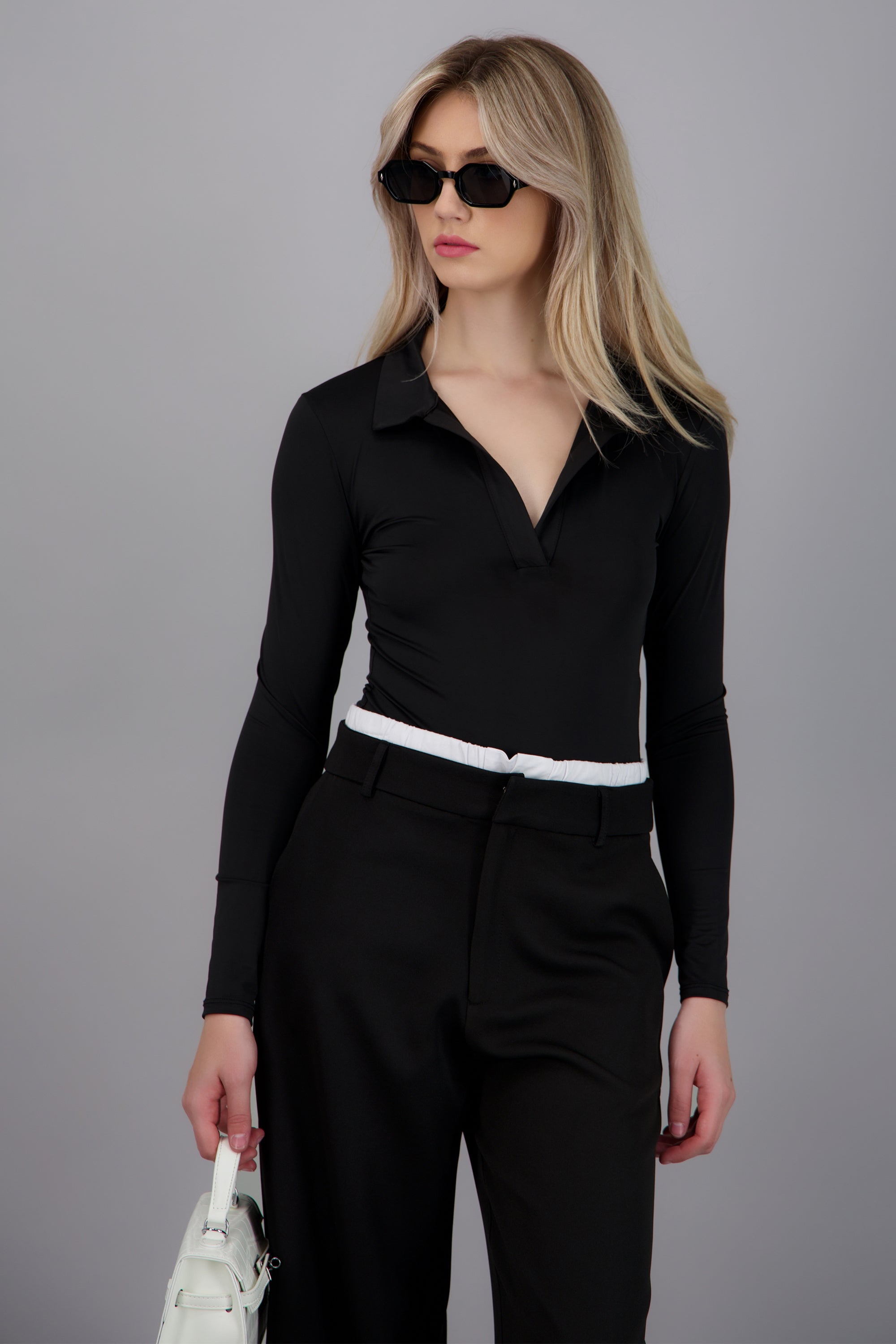 Bodysuit manga larga cuello polo NEGRO