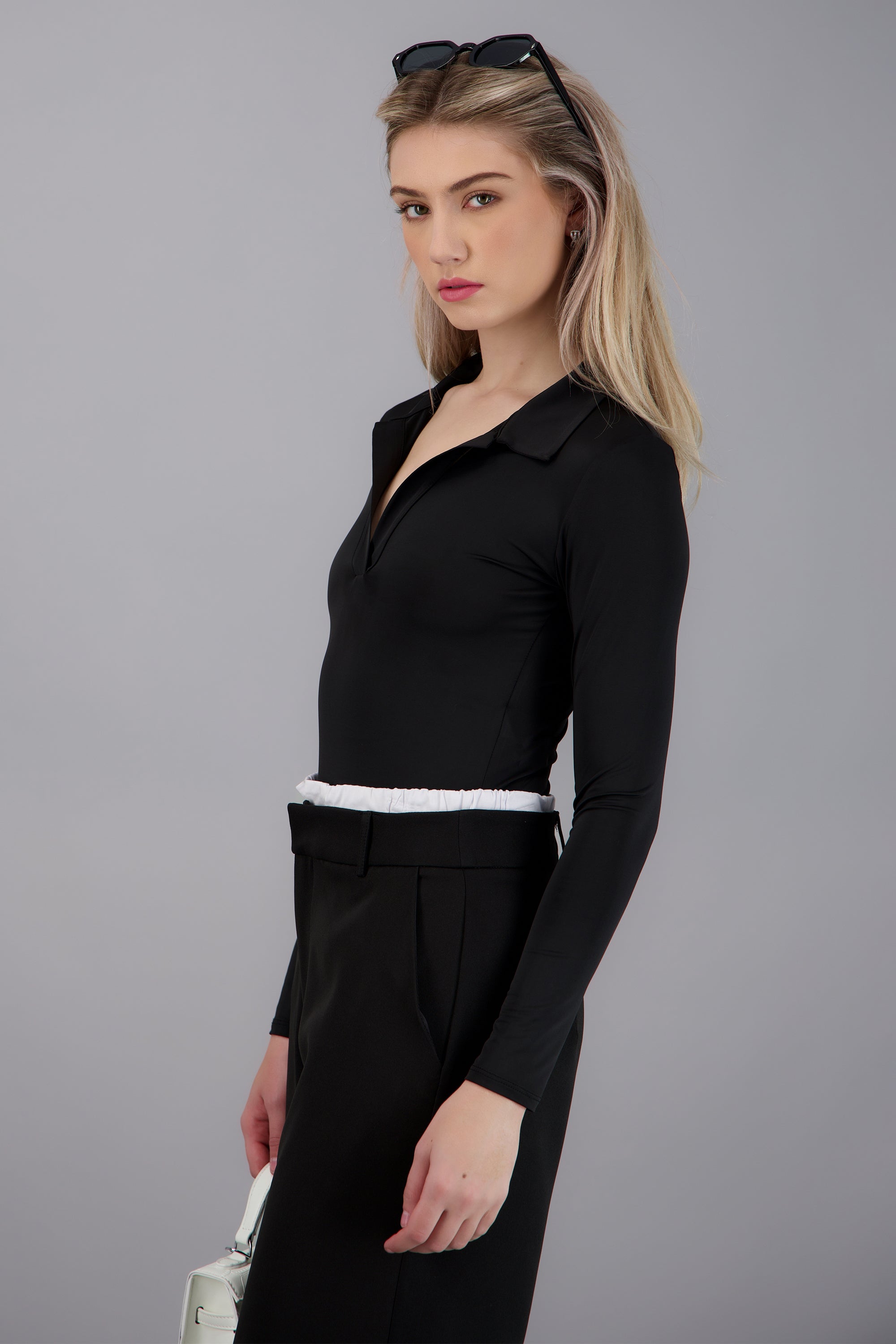 Bodysuit manga larga cuello polo NEGRO