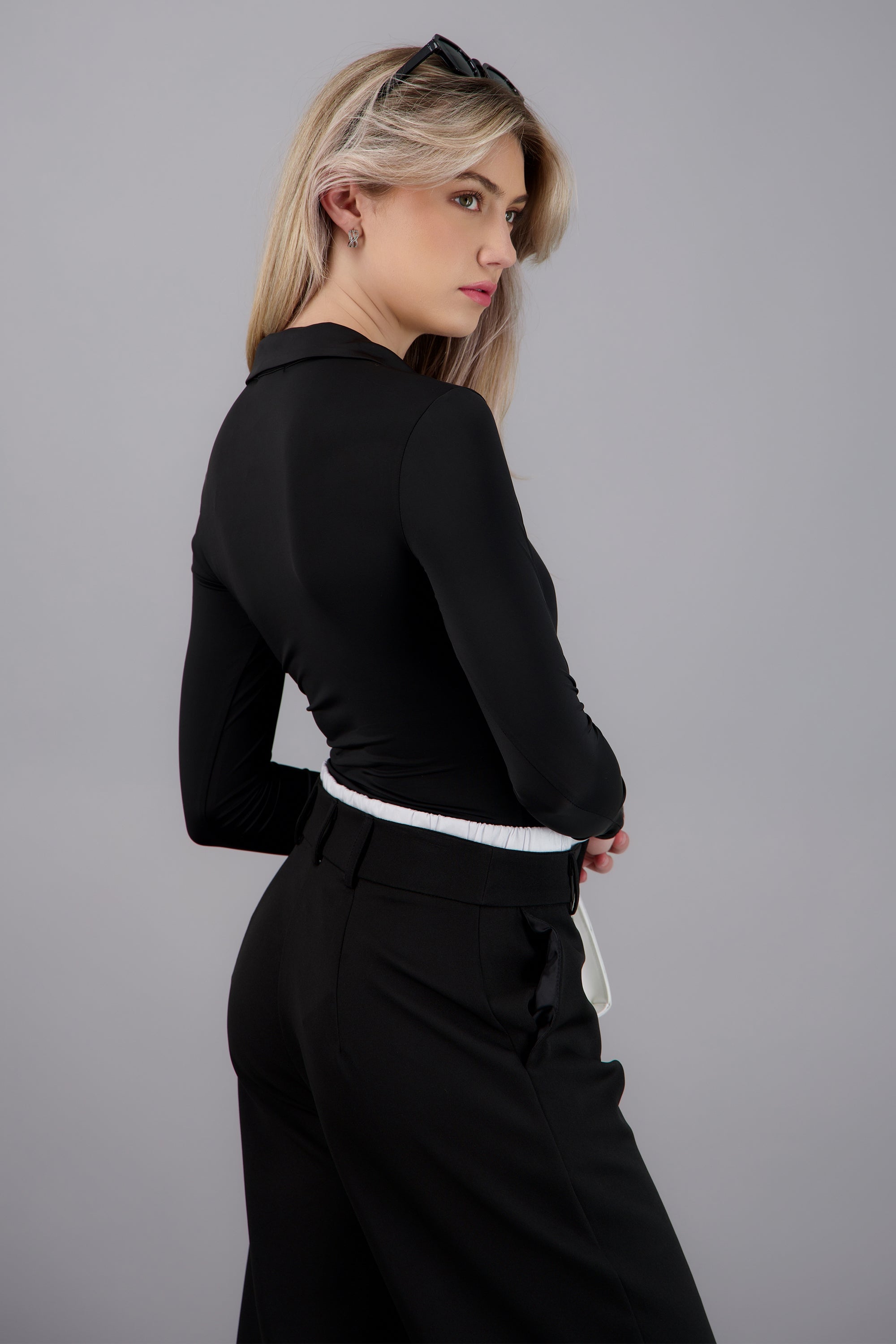 Bodysuit manga larga cuello polo NEGRO