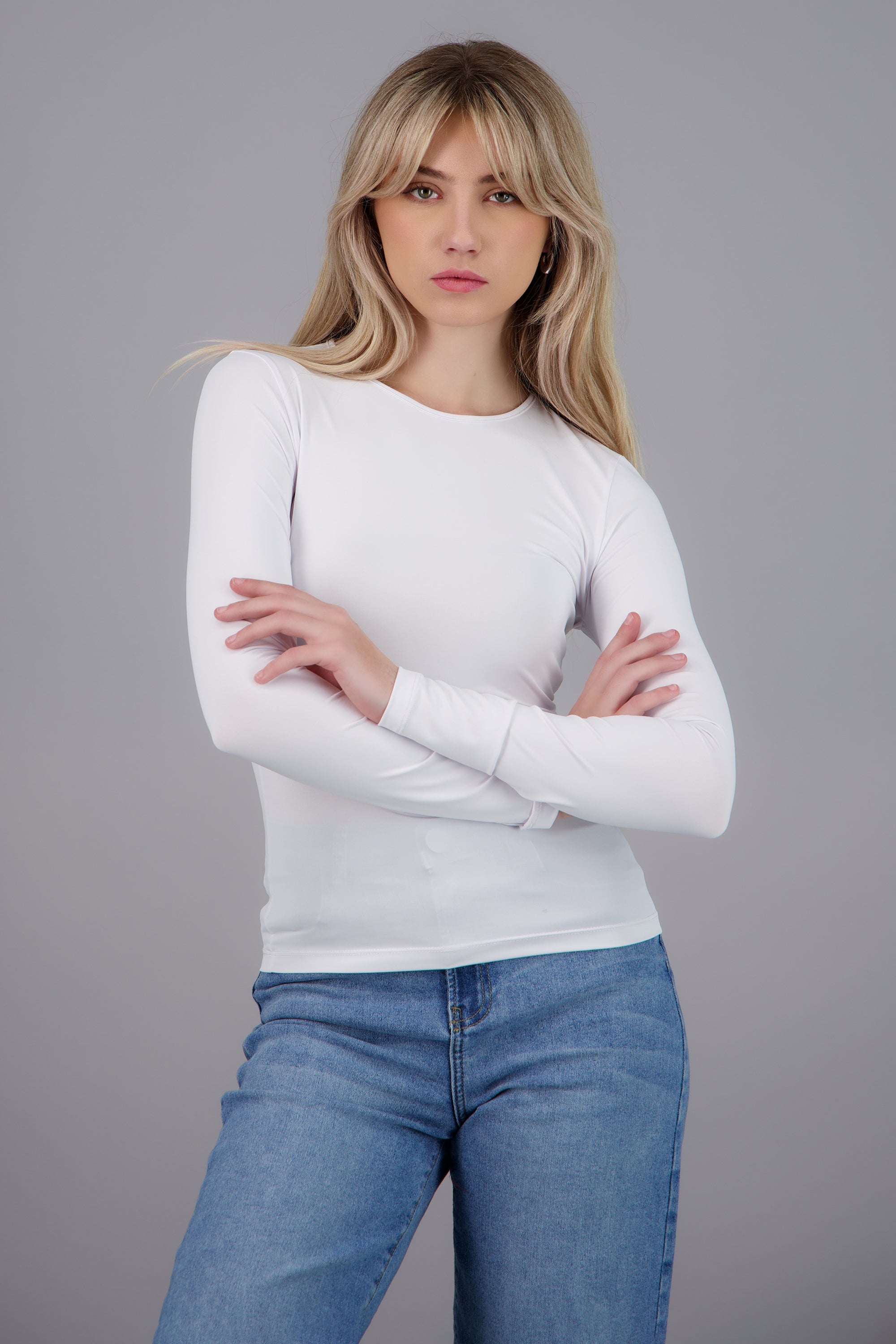 Blusa cuello redondo de manga larga BLANCO