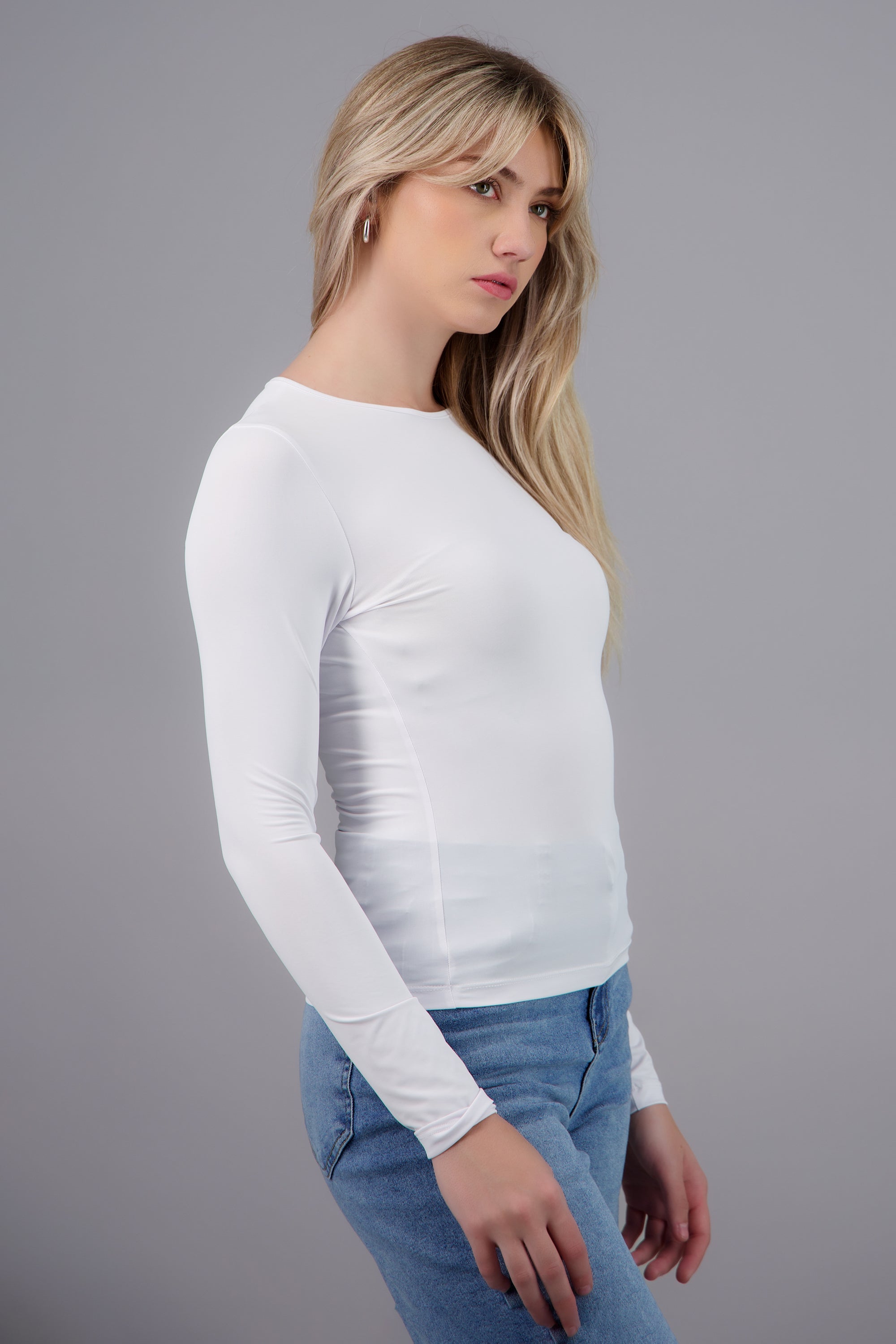 Blusa cuello redondo de manga larga BLANCO