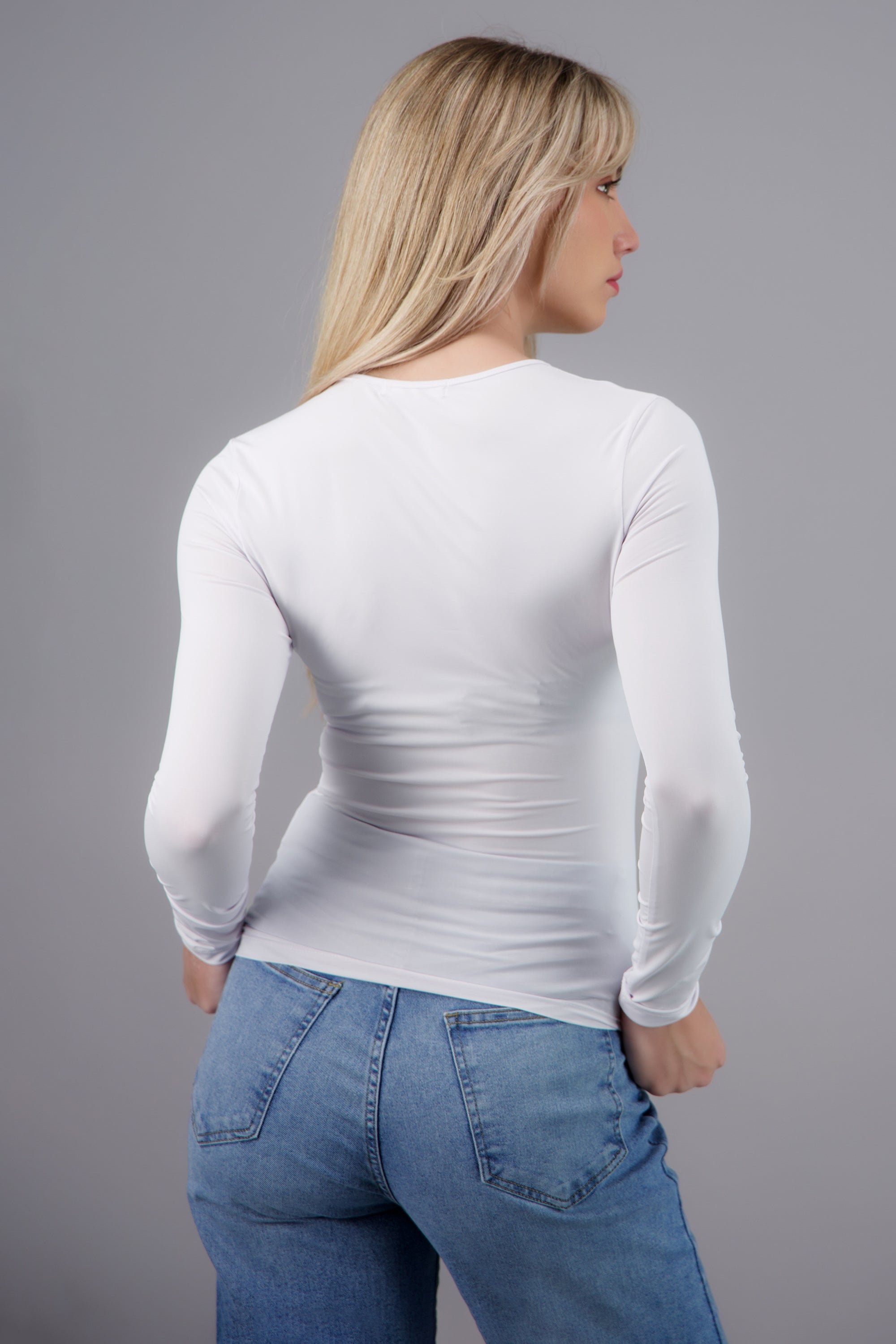 Blusa cuello redondo de manga larga BLANCO
