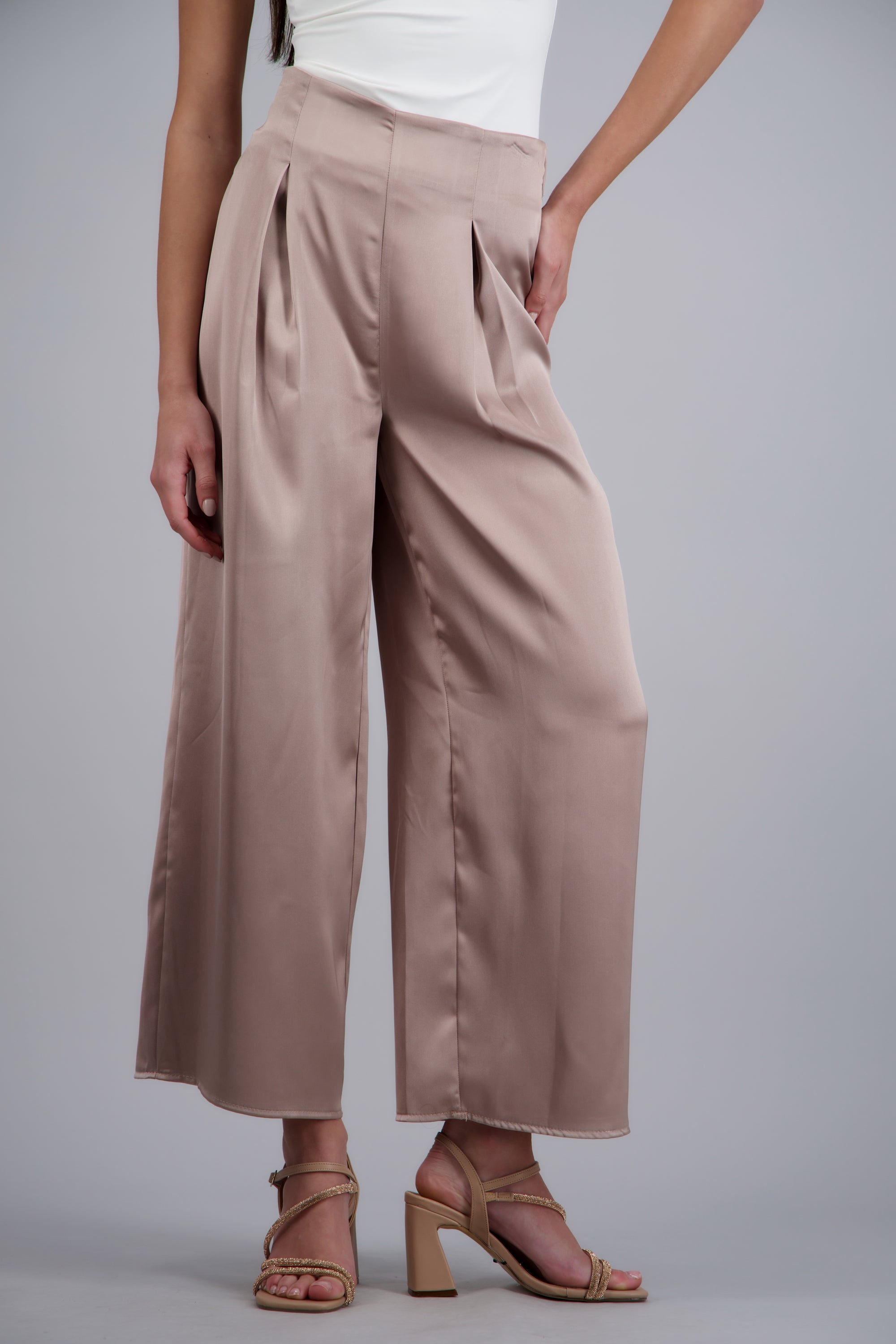 Pantalon satinado con pinzas TAUPE
