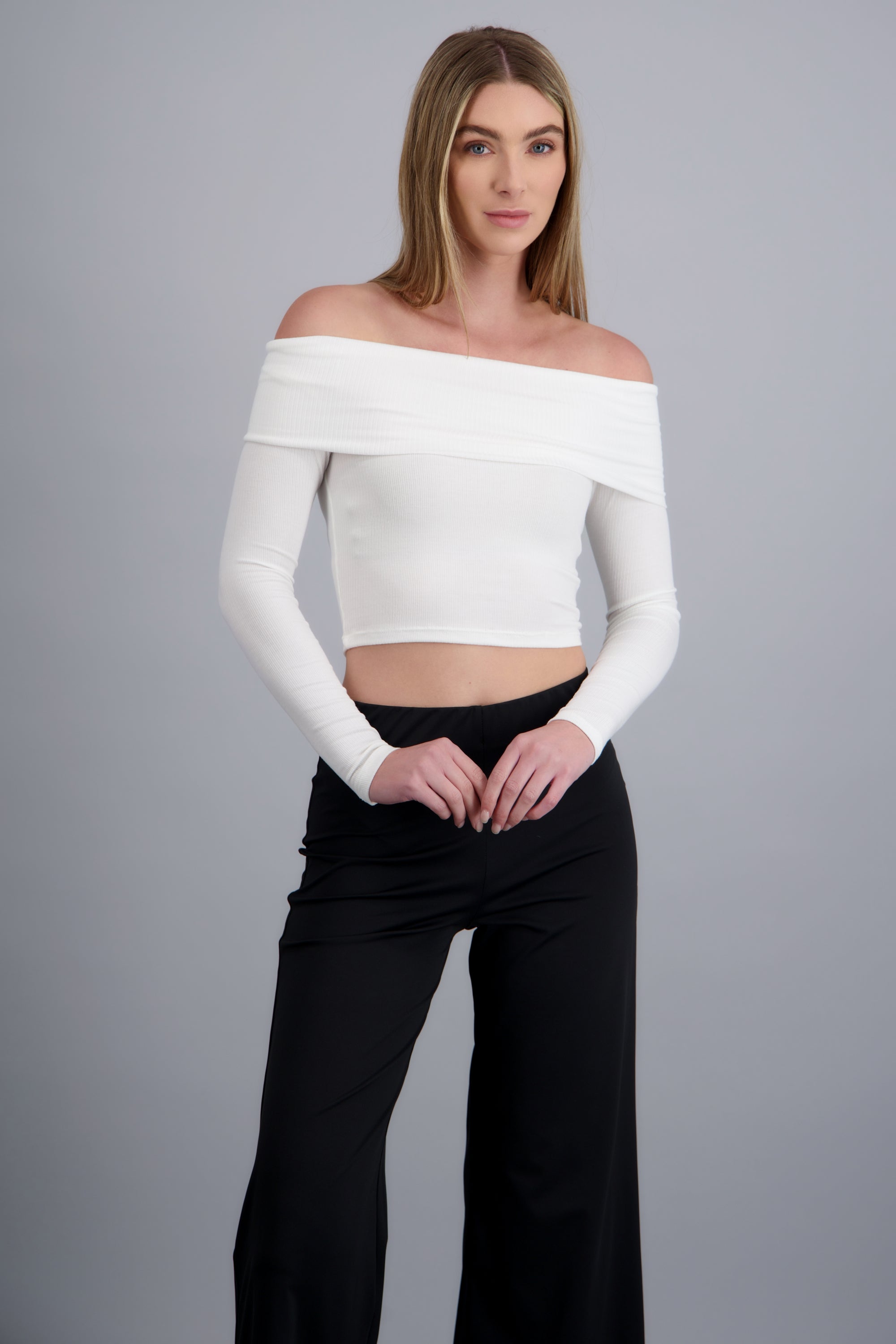 Blusa off shoulder manga larga rib BLANCO