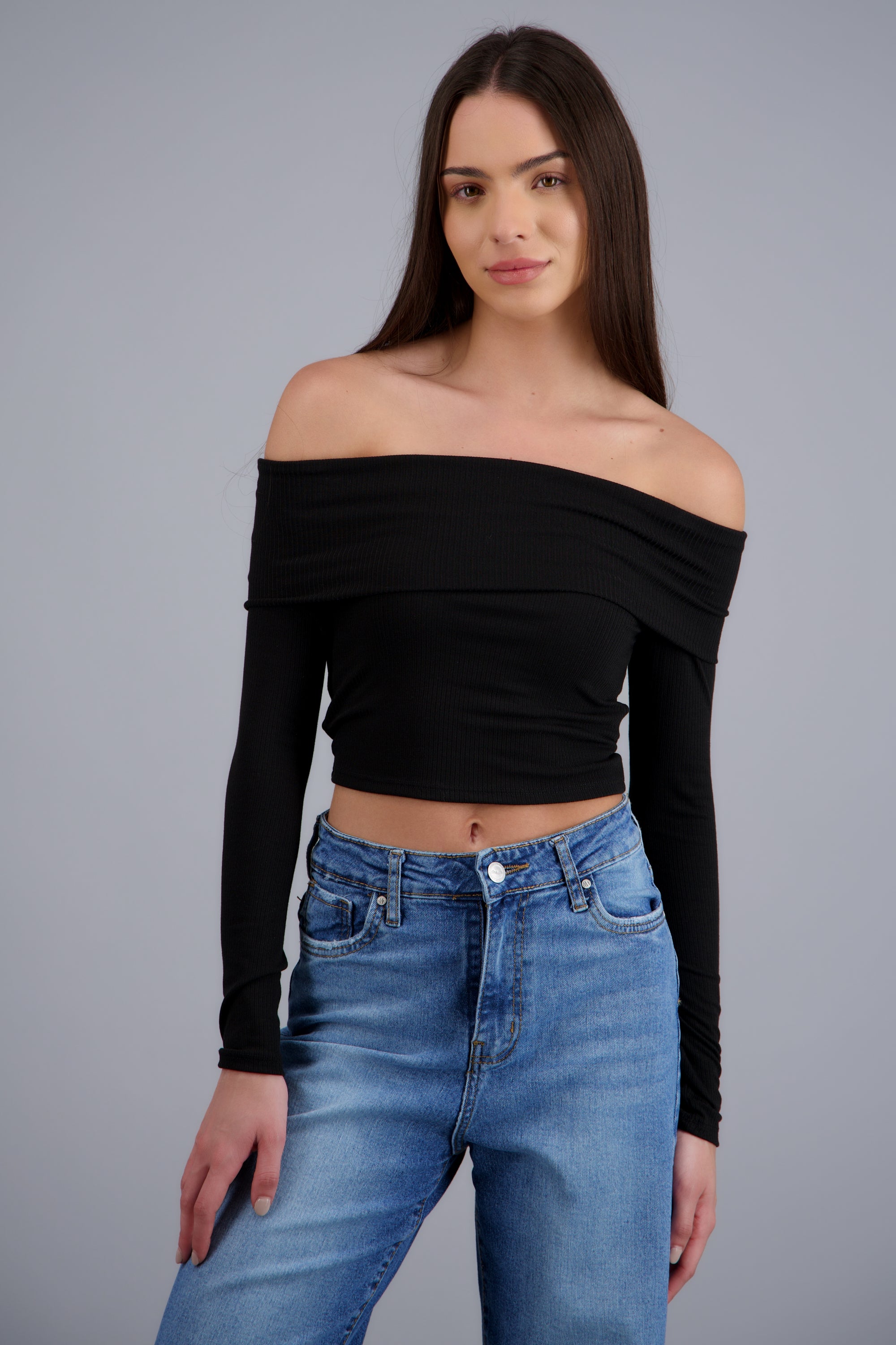 Blusa off shoulder manga larga rib NEGRO