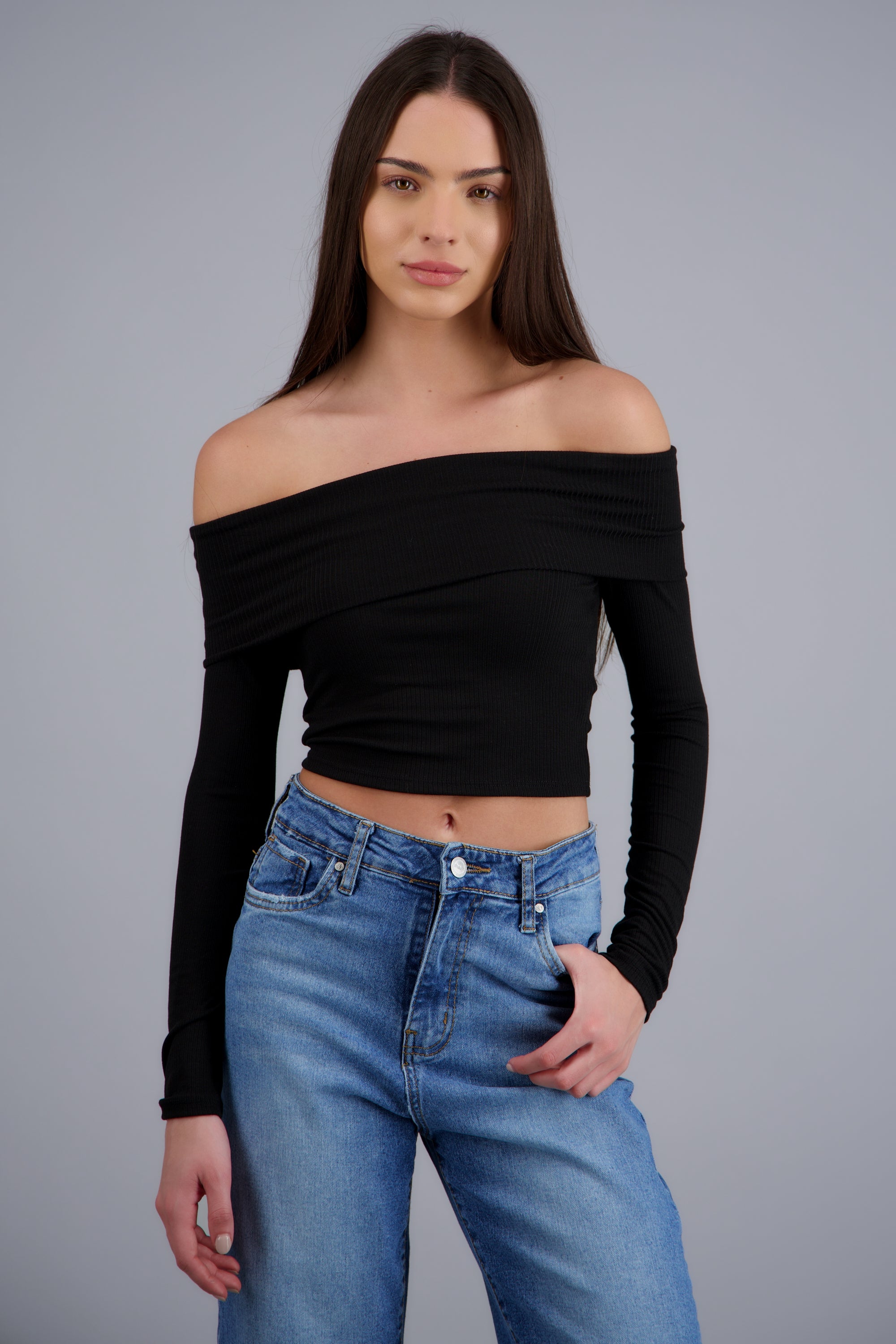 Blusa off shoulder manga larga rib NEGRO