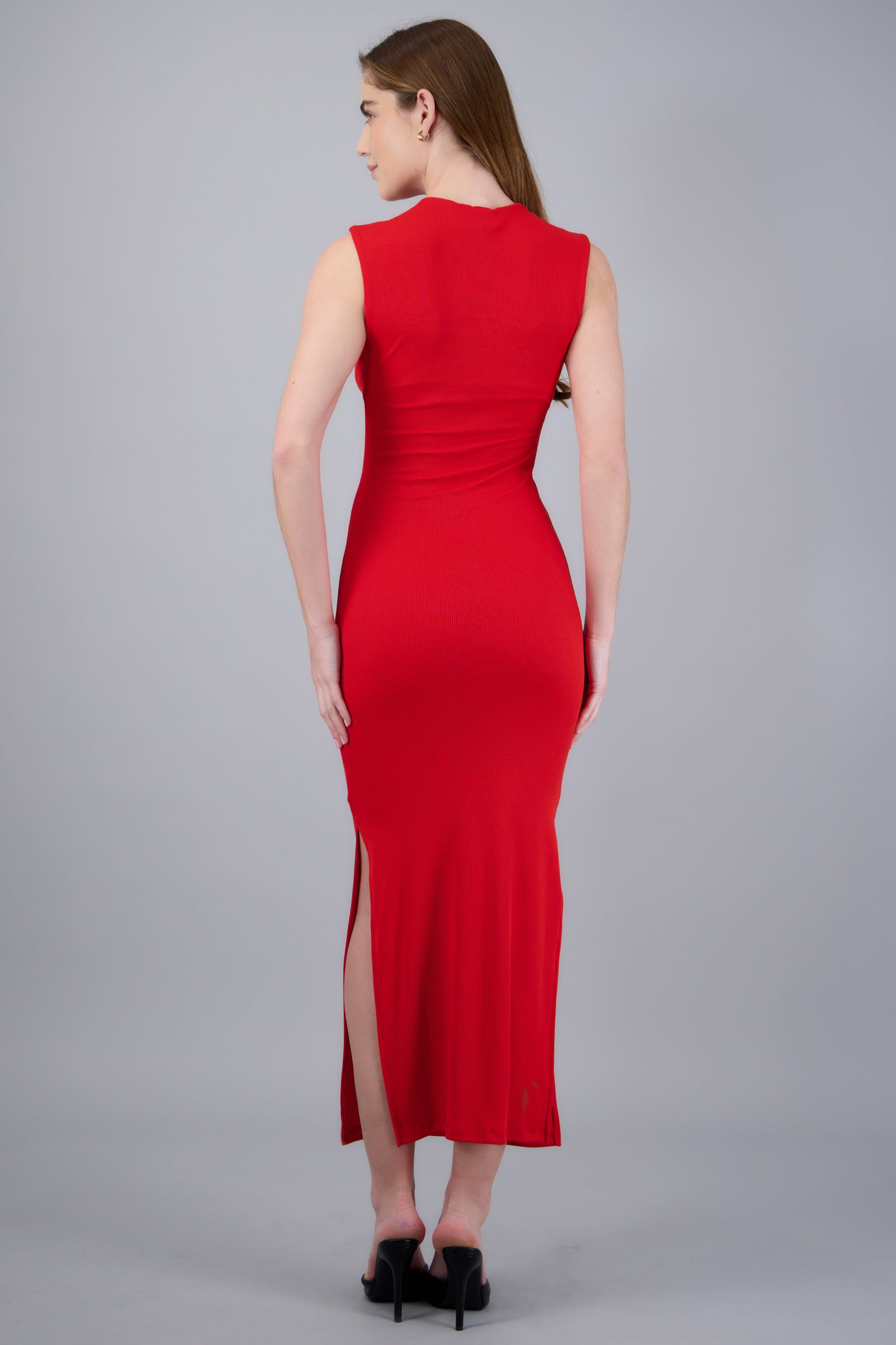 vestido maxi rib manga corta con abertura ROJO